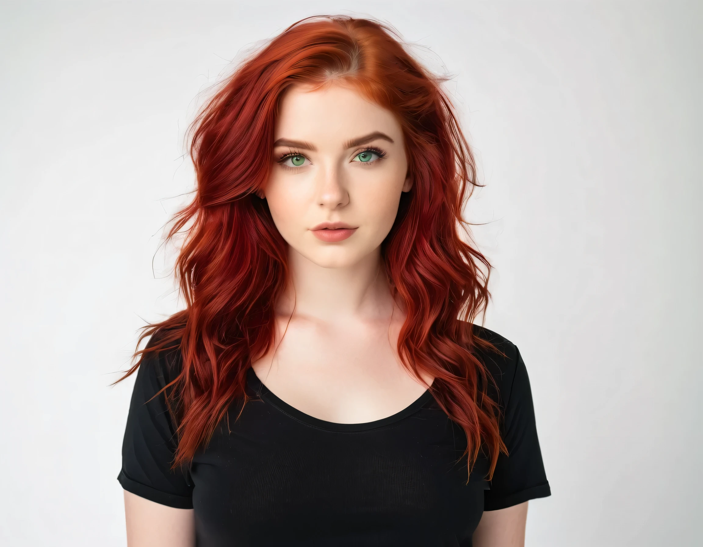 Beautiful woman, pale skin, piercing green eyes, realistic eyes, looking at camera, positioned with the body straight, vibrant red hair styled in bold waves, (80s: 1.2), realistic woman, wearing a black t-shirt with a low neckline, against white backdrop, studio photo, 18 years old, captured in 4k realism, (portrait of upper body: 1.4), Full body, (best quality,4k,8k,highres,masterpiece:1.2),ultra-detailed,(realistic,photorealistic,photo-realistic:1.37),vivid colors,portraits,professional,perfect lighting, ((Best Quality, 8K: 1.3)), SFW.