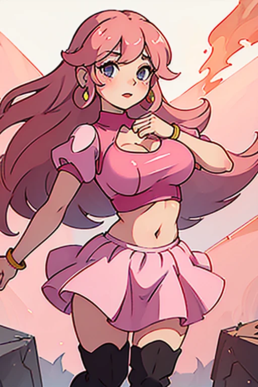 masterpiece, enormous breasts, perfect body, perfect breasts, perfect face, perfect fingers, very short skirt, friendly expression, gorgeous face, slutty, knee high boots, princess peach, croptop, bare midriff, pink skirt, pink clothes