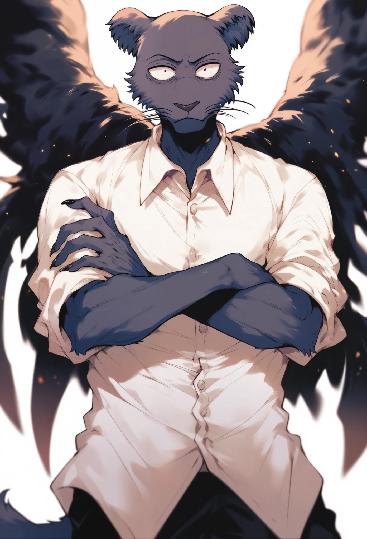 score_9, score_8_up, score_7_up, score_6_up, beastars, tao_(beastars), full-length_portrait, hi_res, portrait, anthro, black_body, black_fur, black_face, crossed_arms, fur, male, melanistic, simple_background, solo, standing, whiskers,