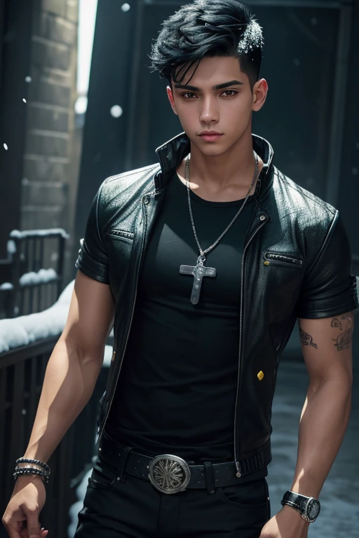 Luis Gerardo Mendez 20-year-old boy with open black jacket, blue t-shirt with snow print, short black hair, punk style, yellow locks, black jeans, green eyes, black leather belt, silver buckle, slim muscular build, cross medallion, silver bracelet, looking straight at the viewer