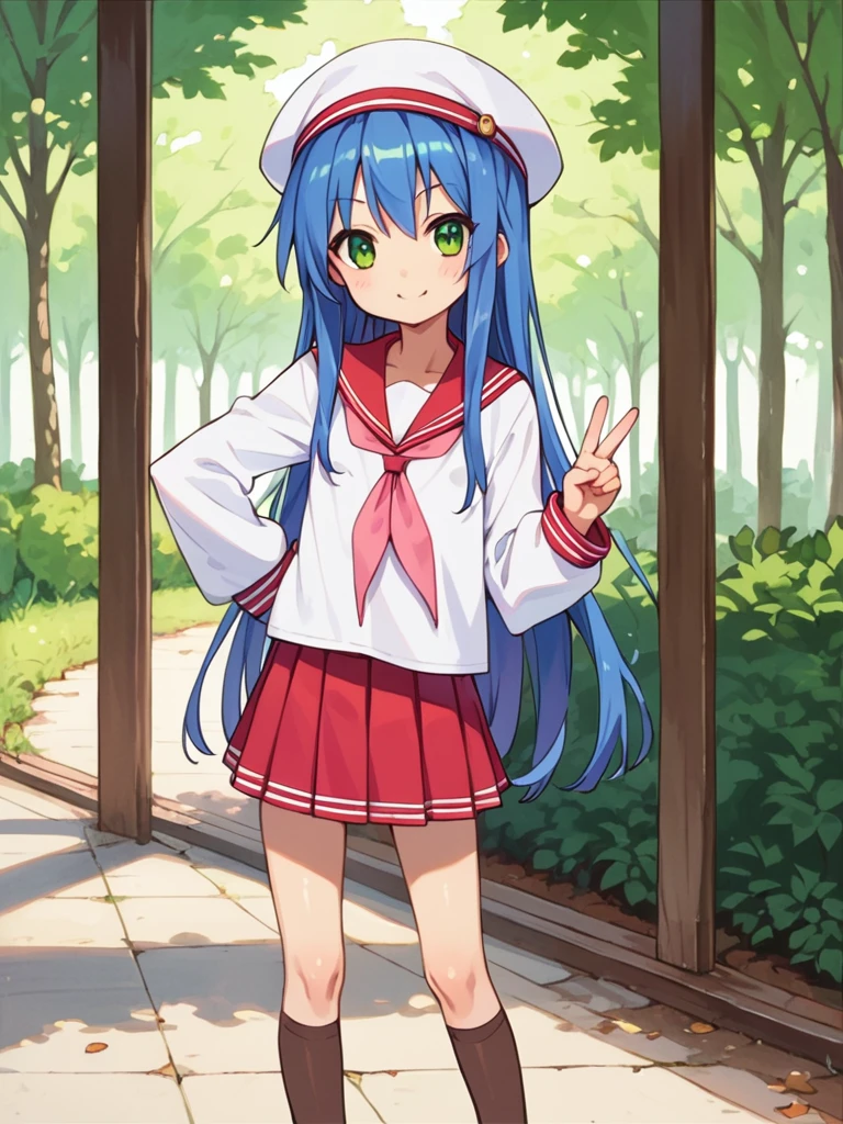 score_9, score_8_up, score_7_up, best quality, masterpiece, source_anime, photo, (natural skin, detailed skin:0.8), uncensored,
(child ,cute ,small girl:0.5), (colourful,Colouring in:1.0),skinny,
konata izumi, long hair, green eyes, blue hair, skinny, 
flat chest, 
1girl,outdoors, serafuku, red miniskirt, red sailor collar, white and red sailor cap, shoes, brown tighhighs, smile, 
dynamic pose,v,
,   