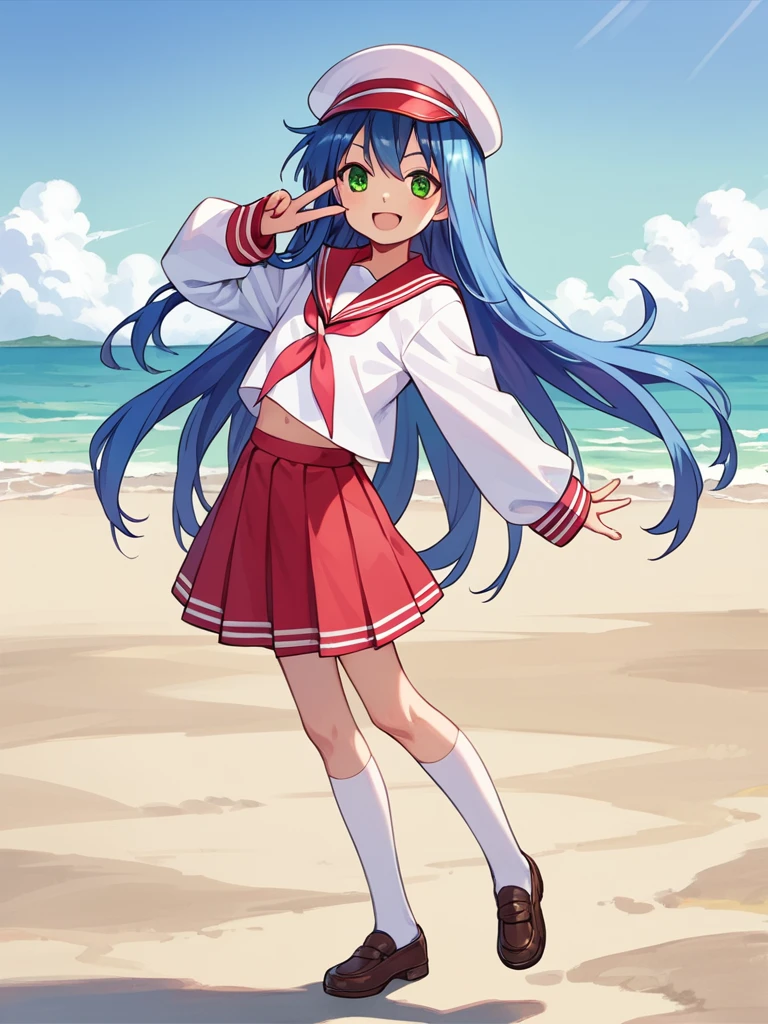 score_9, score_8_up, score_7_up, best quality, masterpiece, source_anime, photo, (natural skin, detailed skin:0.8), uncensored,
(child ,cute ,small girl:0.5), (colourful,Colouring in:1.0),skinny,
konata izumi, long hair, green eyes, blue hair, skinny,
flat chest,
1girl,outdoors, serafuku, red miniskirt, red sailor collar, white and red sailor cap, shoes, brown tighhighs, smile,
dynamic pose,v,
,