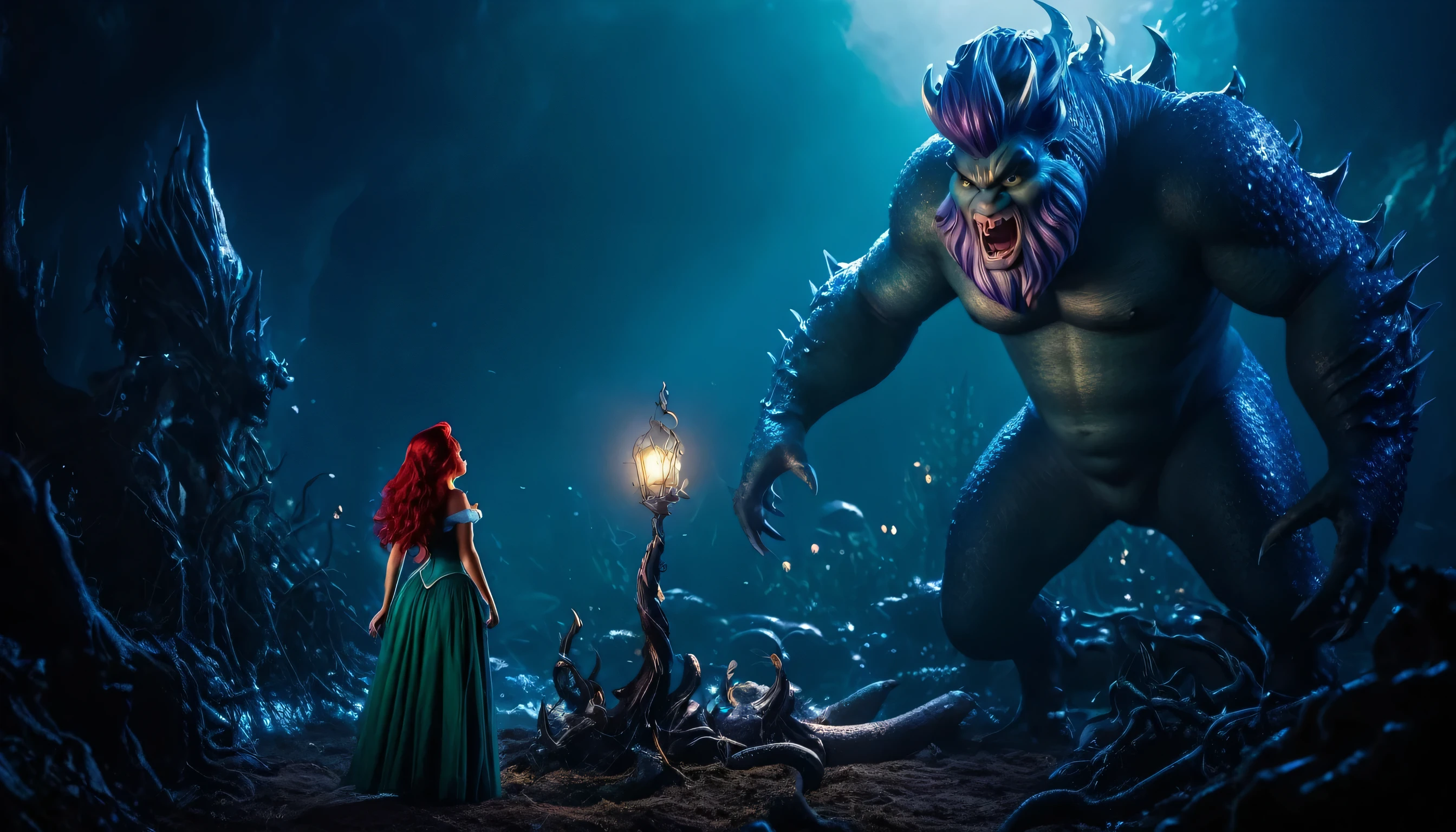 Realistic image of Ariel against witch monster, 8k, dramatic lighting, sharp picture.