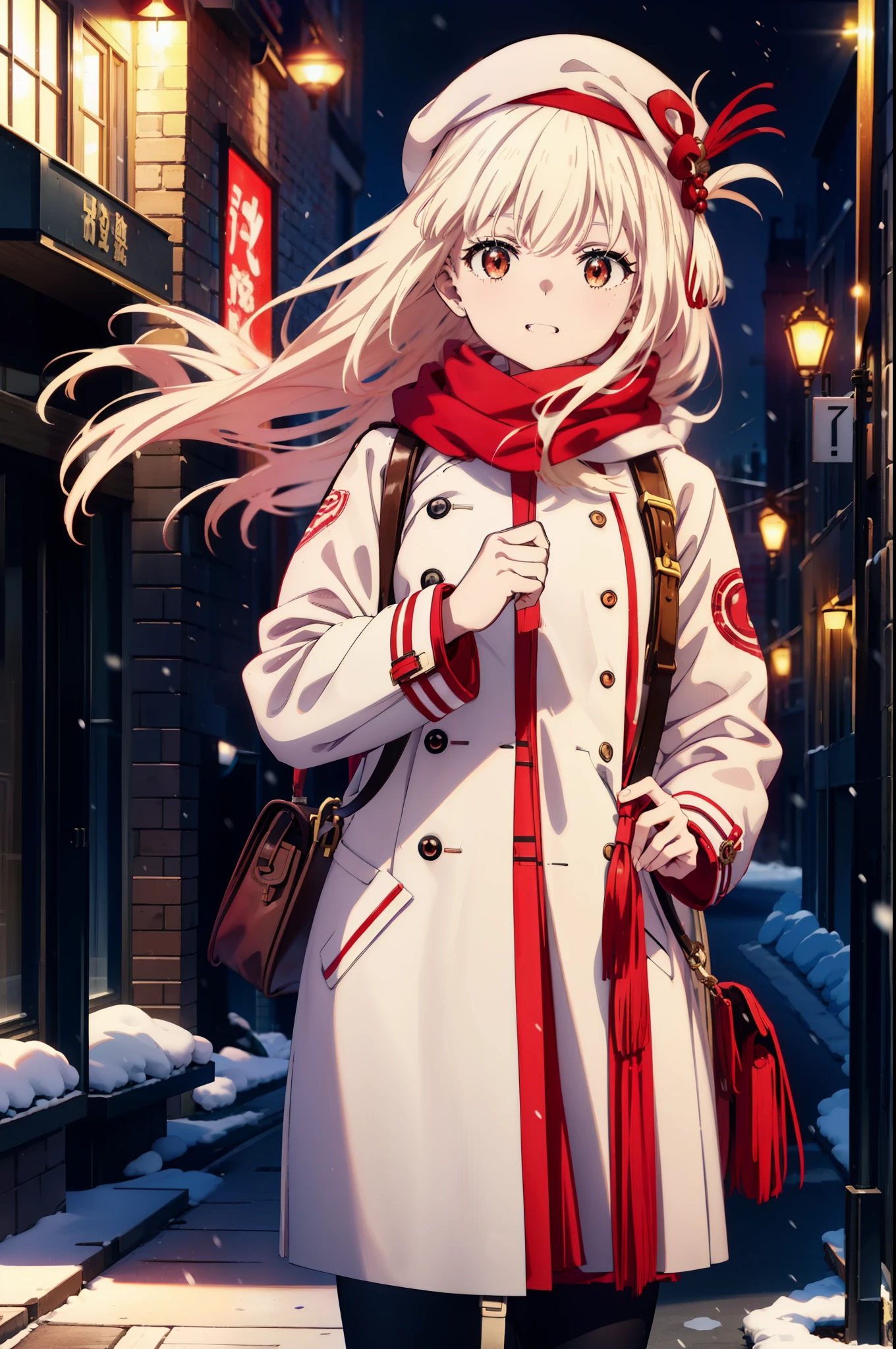 chisatonishikigi, nishikigi chisato,Long Hair , bangs, blonde, (Red eyes:1.5),happy smile, smile, Open your mouth,White knit hat,White Coat,Red Scarf,White Sweater,Hands in coat pockets,Long skirt,Black pantyhose,short boots,Shirogane World,Snow is piling up,it&#39;s snowing,it&#39;s snowing,winter,Cold Sky,morning,morning陽,The sun is rising,
break looking at viewer, whole body, Upper Body,(Cowboy Shot:1. 5)
break outdoors, c that y,Building Street,
break (masterpiece:1.2), highest qualそれy, High resolution, unそれy 8k wallpaper, (shape:0.8), (Beautiful and beautiful eyes:1.6), Highly detailed face, Perfect lighting, Extremely detailed CG, (Perfect hands, Perfect Anatomy),