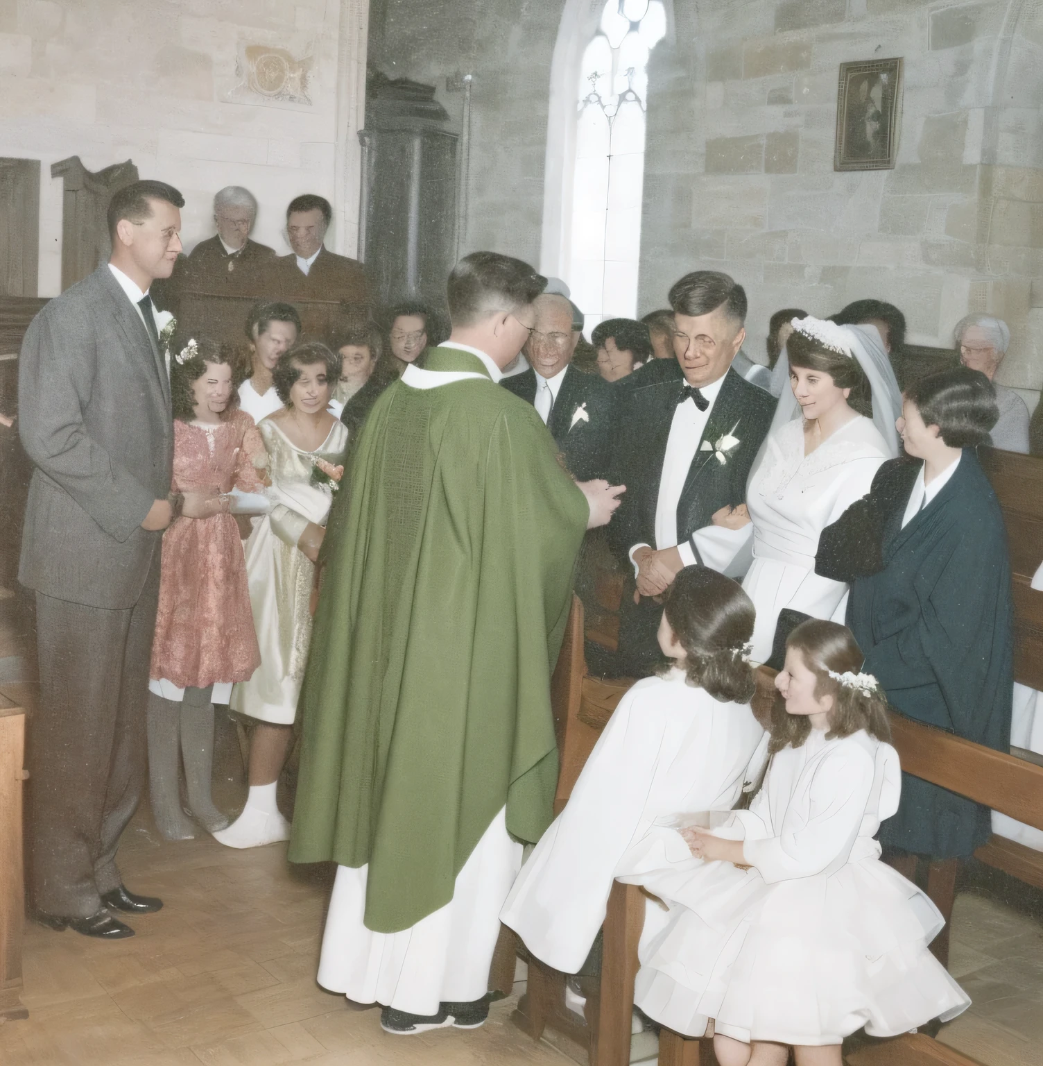 there are many people standing in a church together, wedding photo, hi - res scan, wedding, hi-res scan, in church, colored photo, 1 2 0 0 dpi scan, 1960, 1 9 6 0, 19, 1 9 , 1963, 1 9 6 3, 1980's