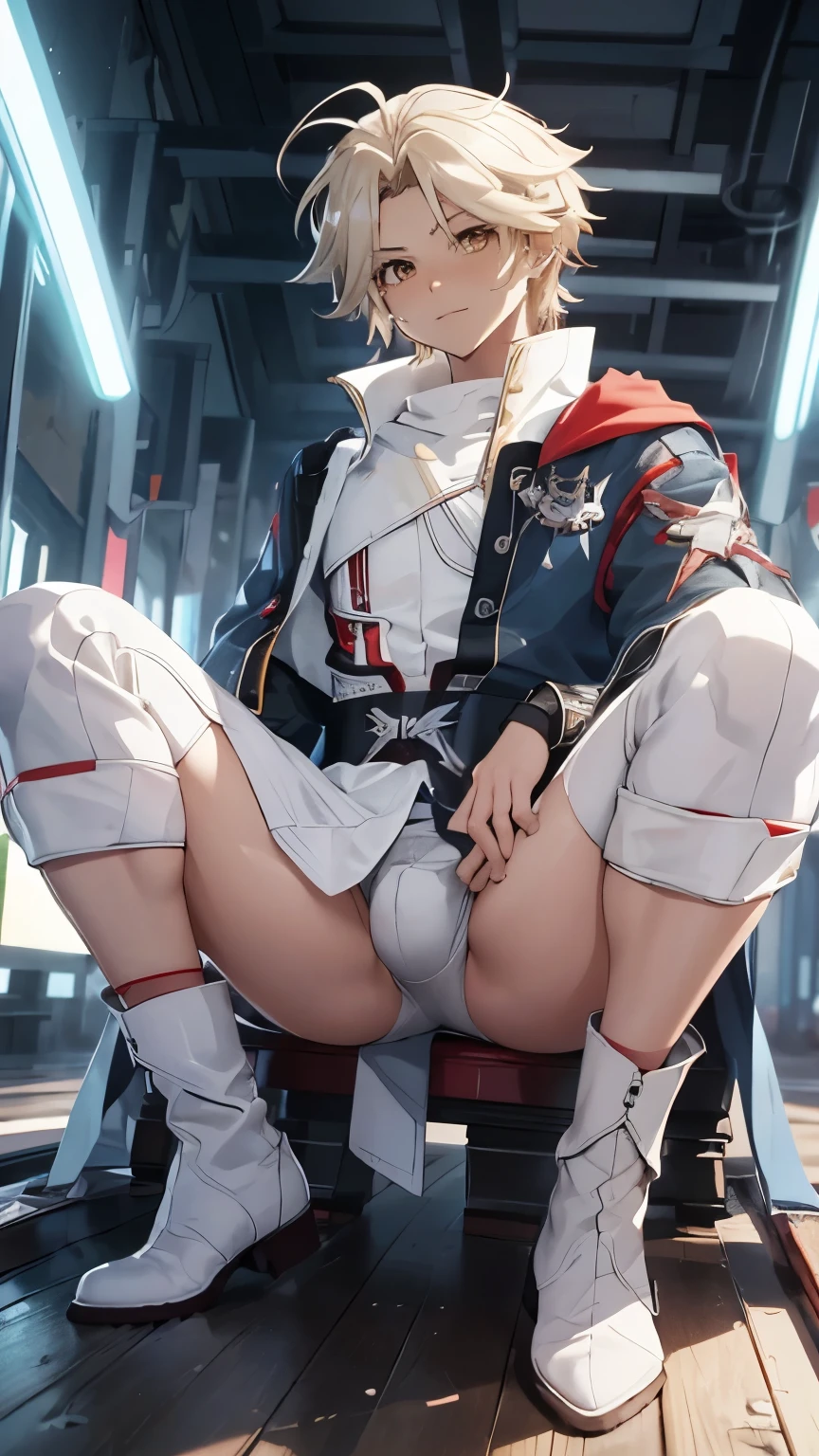 Highest image quality,male people,,1 boy,Young and handsome,shoun,White color hair,Short flat top hair,Dark skin,anime big breast,anime wallpaper,Solo,malefocus,Briefs,Dilation of the pectoral muscles,Red cape,Bulging crotch,Urban background,spread their legs,Sexy,(Masterpiece, Best quality),Long white socks,Red Martin boots,