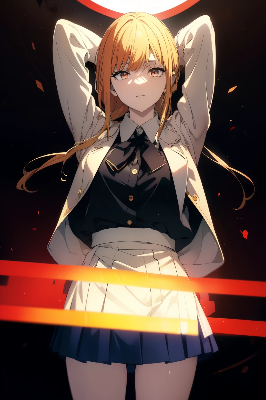 ((((Obra maestra, La mejor calidad, ultrahigh resolution)))), 1girl, standing, Japanese uniform blue pleated skirt, blazer, (((pretty blonde, hair over eye:1))), long hair cut, pale skin, ((brown eyes)), glowing_eyes, neon eyes, (ultra detailed eyes:0.7, beautiful and detailed face, detailed eyes:0.9), ((centered)), smile, ((wide shot)), facing viewer, ((anime sunset school background)), medium breasts, looking at viewer, ((half closed eyes)), ((perfect hands)), (((head:1, arms, hips in view, elbows, thighs, in view))), ((hand pulling off clothing)), empty eyes, beautiful lighting, outside, outdoors, background, defined subject, 25 years old, (head tilt), (((cool))), ((medium_breasts)), stretching, arms over head