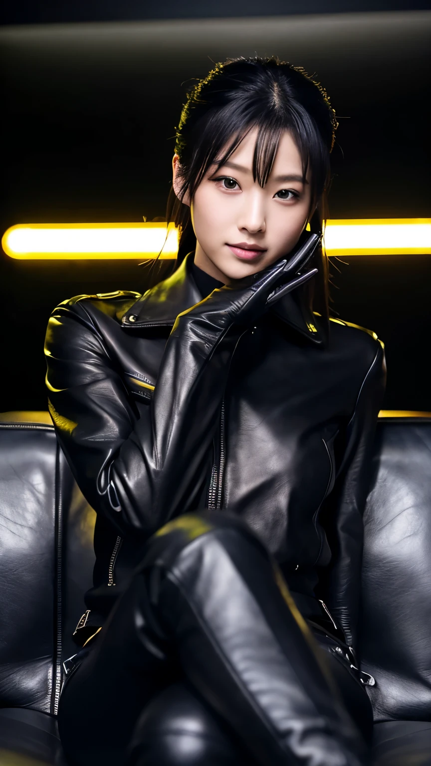 black leather rider jacket, Office in the Dark, Black leather gloved fingertips on both hands,Wearing black leather gloves,Sitting in a black leather chair、 Japanese female new recruits (Black leather gloves cover both hands) (The angle is horizontal)、Black Leather Pants,Black Leather Black Leather Pants,Black Leather Skinny Pants、Long black leather boots on both feet、Black hair ponytail ((He wears black leather gloves on his hands))Full Body Photo,full body shot full body full body leather suit,☺If you turn in this direction。Wearing black leather gloves,Wearing black leather gloves,Wearing black leather gloves,Wearing black leather gloves,Wearing black leather gloves,Wearing black leather gloves,黒のレザーパンツが美しい😍黒のレザーパンツが美しい😍黒のレザーパンツが美しい,😍Smiling while looking at me,City lights、((Neon Cyberpunk City Street:1.3))、(Neon Light)、Detailed lighting、
Best image quality、Ultra-high resolution、(realism:1.4)、Korean Beauty Star、The most beautiful KPOP stars、face、Horny Korean Makeup、A body that makes you want to touch it、Realistic leather texture、Costume made of smooth leather fabric、The drape of the curved parts of the leather fabric、The costume is very shiny、Quality of the costume、8K Photo Quality
