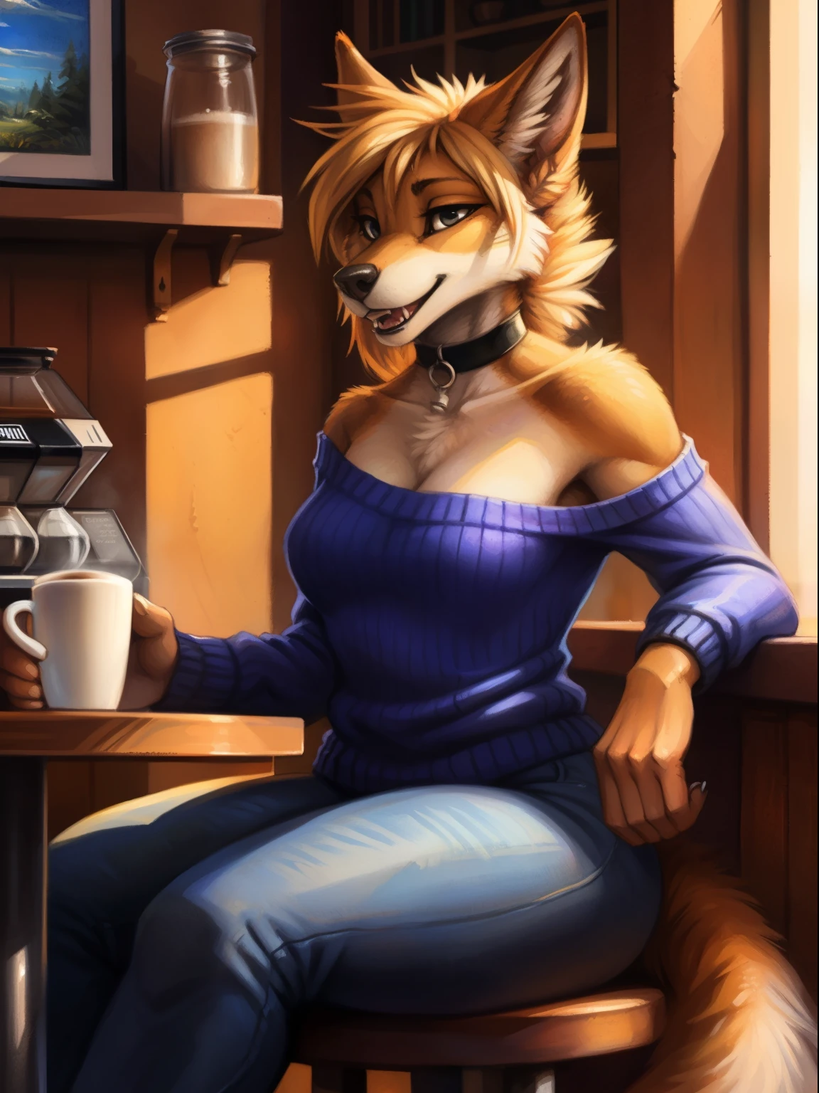 fluff-kevlar, by Zackary911, by Kenket, by Kilinah, by fluff-kevlar, (masterpiece), (best quality), (anthro furry:1.3, snout:1.2, anthro:1.3, furry:1.2, solo female:1.2), (extremely detailed:1.3), (extremely detailed eyes), (extremely detailed mouth), (muscular figure, thick figure), (wide hips), (thick thighs), black jeans, choker, wearing an off-shoulder sweater, day time, (coffee shop background), sitting in a booth, (perfect posture, king expression),