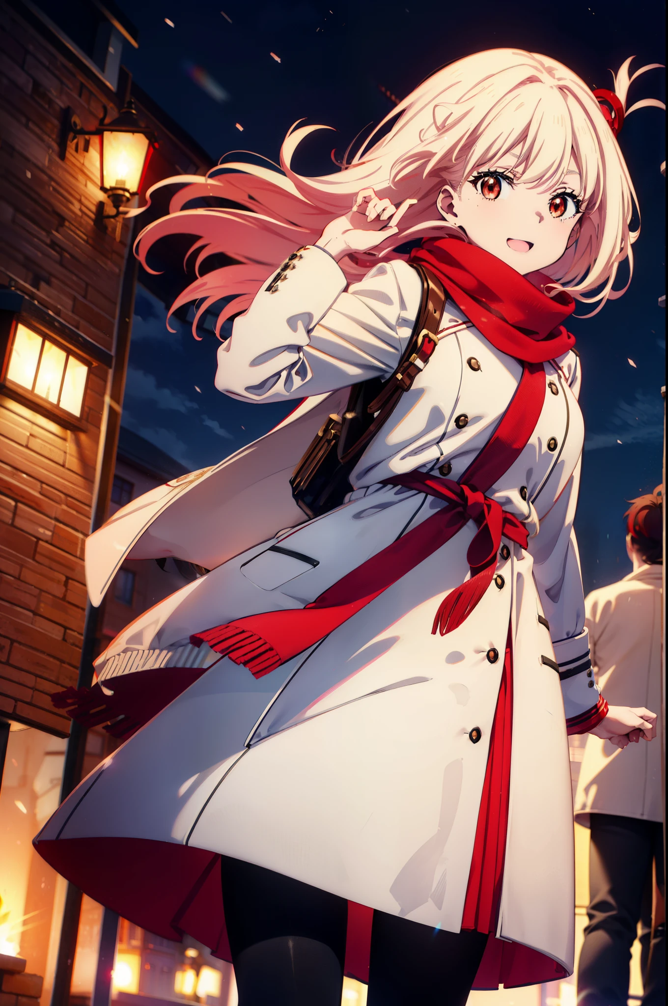 chisatonishikigi, nishikigi chisato,Long Hair , bangs, blonde, (Red eyes:1.5),happy smile, smile, Open your mouth,White knit hat,White Coat,Red Scarf,White Sweater,Hands in coat pockets,Long skirt,Black pantyhose,short boots,Shirogane World,Snow is piling up,it's snowing,it's snowing,winter,Cold Sky,morning,morning陽,The sun is rising,
break looking at viewer, whole body, Upper Body,(Cowboy Shot:1. 5)
break outdoors, c that y,Building Street,
break (masterpiece:1.2), highest qualそれy, High resolution, unそれy 8k wallpaper, (shape:0.8), (Beautiful and beautiful eyes:1.6), Highly detailed face, Perfect lighting, Extremely detailed CG, (Perfect hands, Perfect Anatomy),