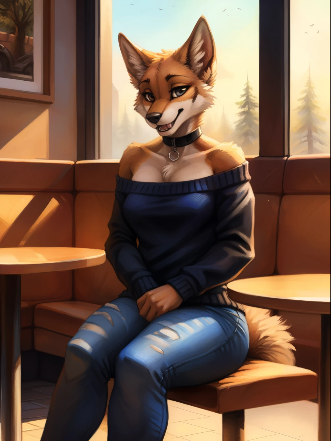 (furry art, loaded in e621:1.4), (masterpiece:1.3), (best quality:1.2),(2D:1.0), (anime:1.0), (illustration:1.0), (sharp:1.2), (night_environment), (resturante), (clear, bright:0.8), (impasto:1.1), (ultra-detailed:1.0) (1girl, solo), (husky_girl, anthro furry:1.6), (anthro_female_husky:1.2), sexy,(thin waist), thick thighs, wide hips, thighs, sports bra, jorts, curved