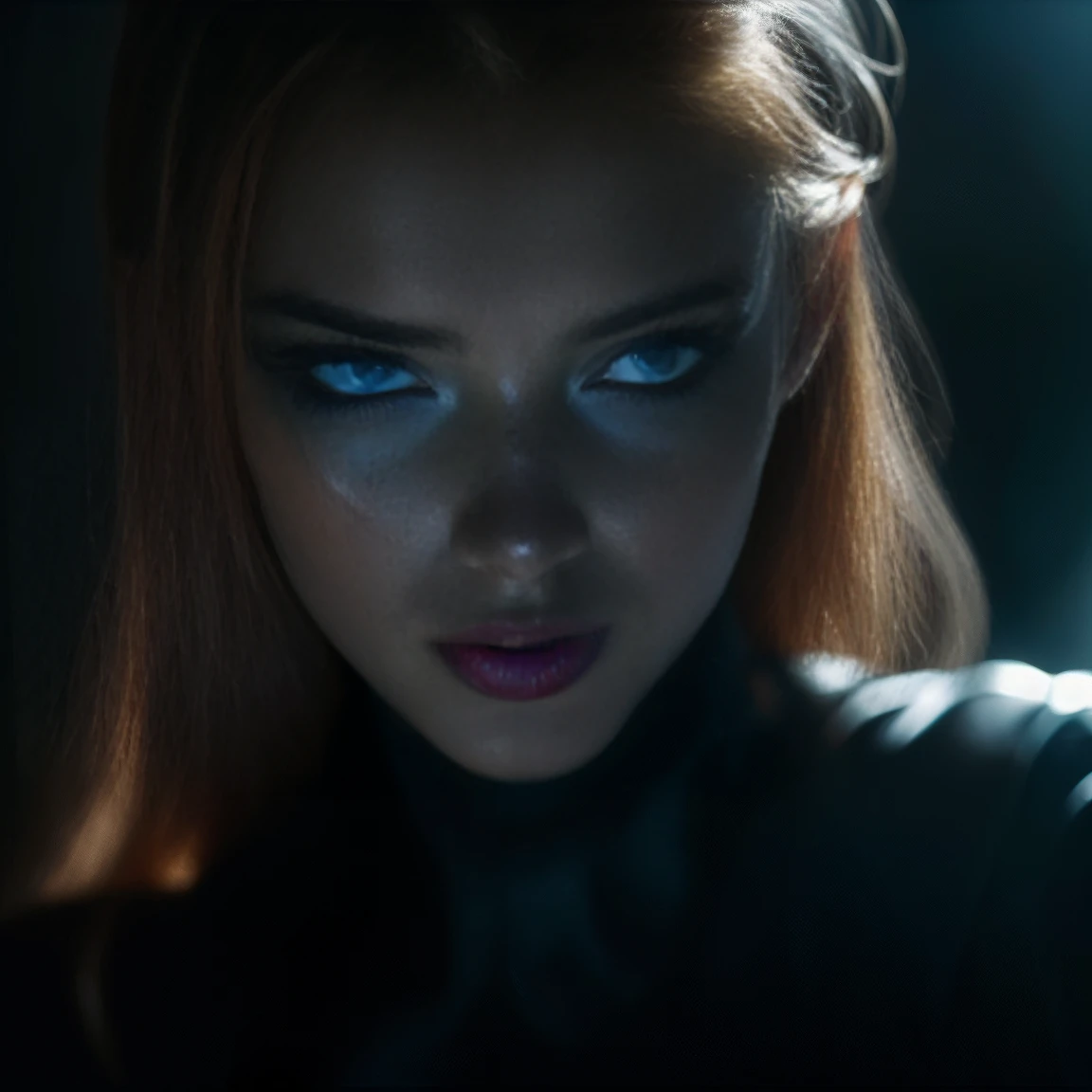 (((ultra realistic))) Photo, masterpiece, top quality, pale skin, (Ultra detailed face and eyes:1.2), 1 girl, gloomy atmosphere, Dark background, (Eye makeup, mascara), ((Bright Deep Navi Blue eyes)), ((Ginger straight hair)) , ((Stylish hairstyle)) , Natural gorgeous breasts, [[Slim waist, slender body]] . ((Posing)) , (body curves), In Lifchik, photoshoot, studio (Contour lighting), (The play of light and shadows), depth of field, bokeh, (special attention to skin detail: 1.2), Detailed leather texture, skin pores, ((Dark and gloomy atmosphere frame. color scheme - black, Gray, Ashen, Tons)), (Film grain, VHS effect), (shine) , ((rays)) , ((close-up portrait, close to the camera)) , ultra detialed, 