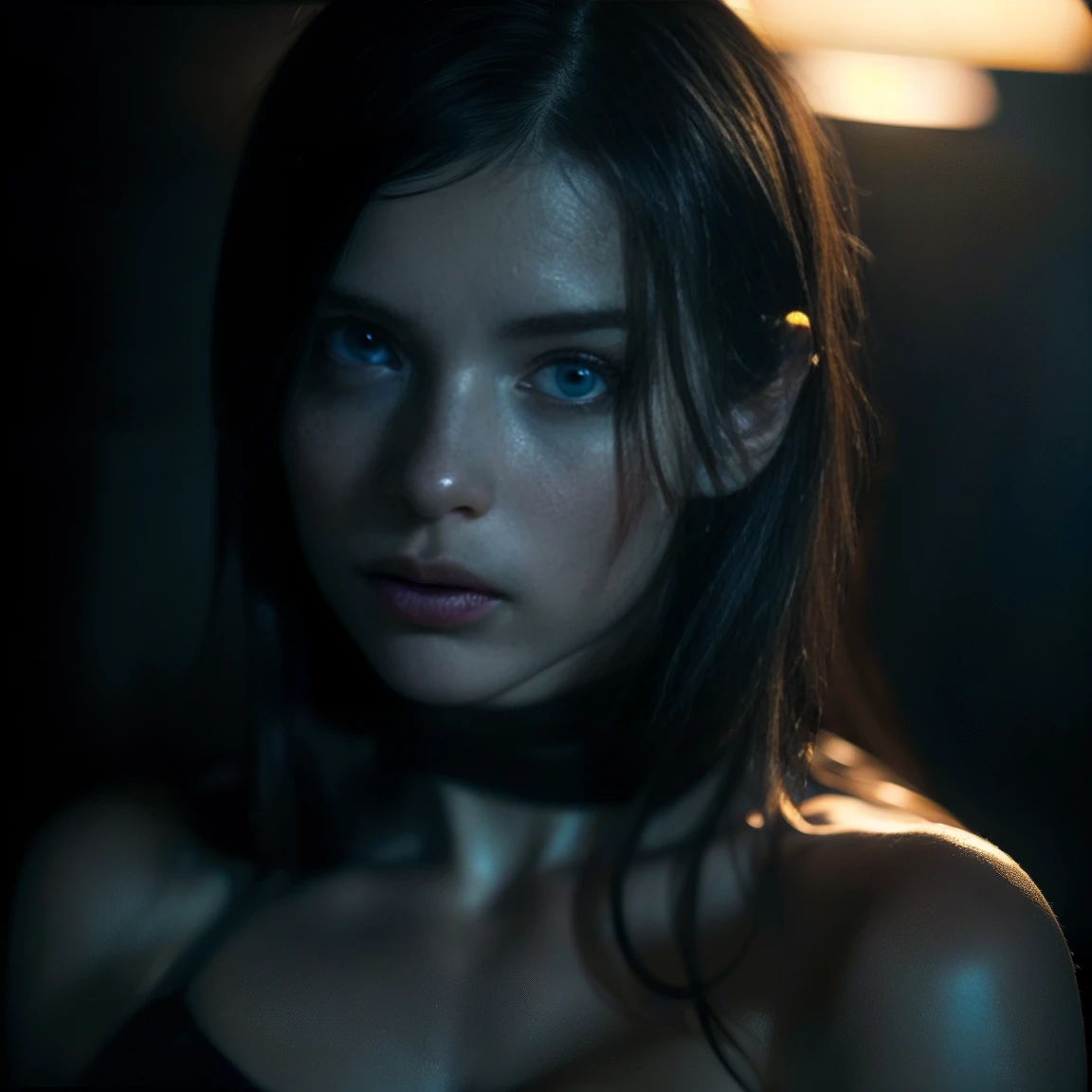 (((ultra realistic))) Photo, masterpiece, top quality, pale skin, (Ultra detailed face and eyes:1.2), 1 girl, gloomy atmosphere, Dark background, (Eye makeup, mascara), ((Bright Deep Navi Blue eyes)), ((Ginger straight hair)) , ((Stylish hairstyle)) , Natural gorgeous breasts, [[Slim waist, slender body]] . ((Posing)) , (body curves), In Lifchik, photoshoot, studio (Contour lighting), (The play of light and shadows), depth of field, bokeh, (special attention to skin detail: 1.2), Detailed leather texture, skin pores, ((Dark and gloomy atmosphere frame. color scheme - black, Gray, Ashen, Tons)), (Film grain, VHS effect), (shine) , ((rays)) , ((close-up portrait, close to the camera)) , ultra detialed, 