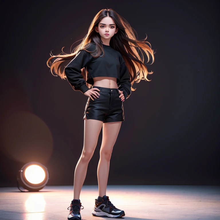 Beautiful girl 16 years long hair full body standing wearing black shorts and a black crop top standing pose