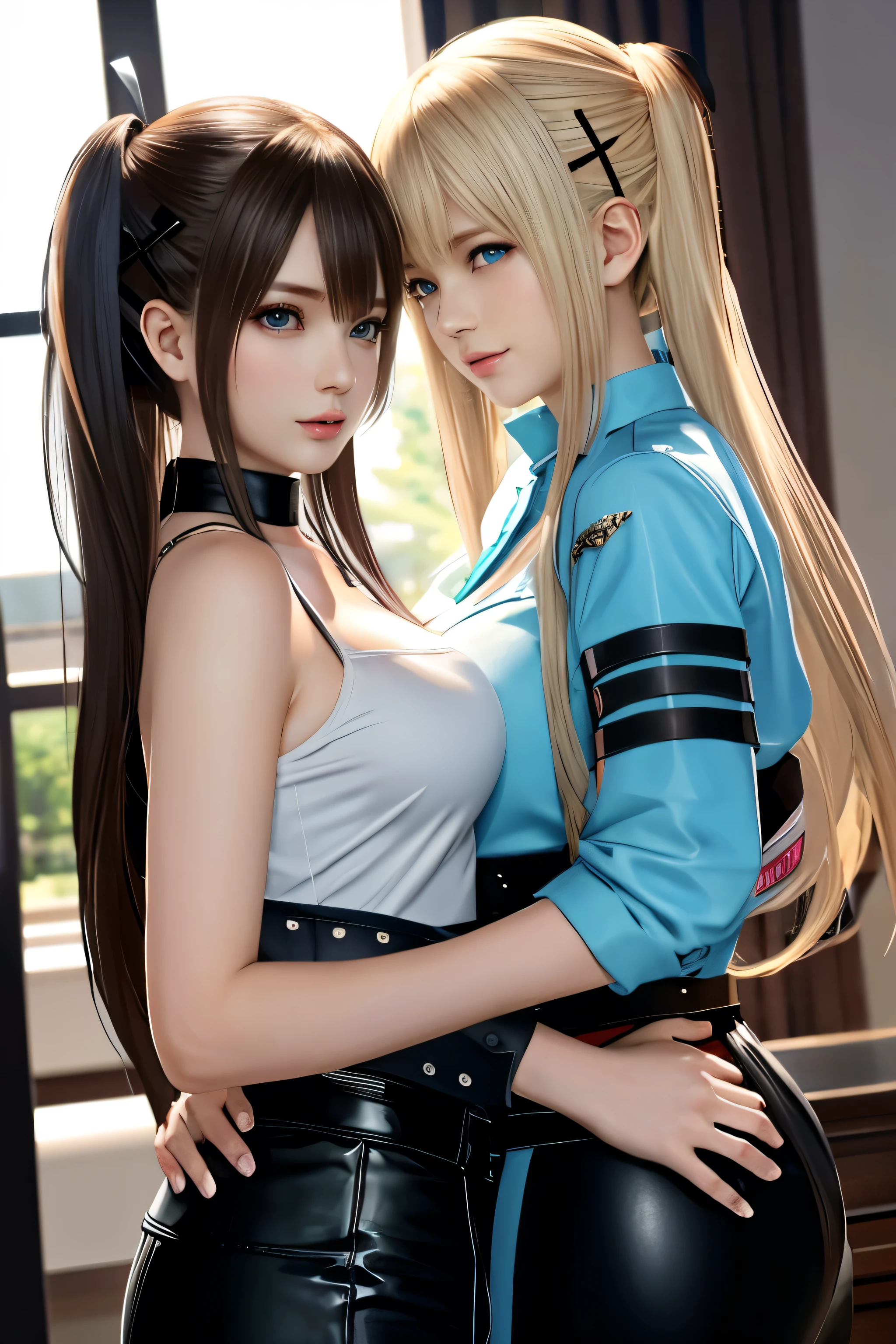 Marie Rose, Blonde hair, anime - image of two women in leather pants, other other, two beautiful Anime girls, Anime girls, (SFV) safe to work, two girls, anime style ecchi, small parts. Girls on the front line, lesbian art, seductive anime girl, clap and sakimichan, clean detailed anime art, biomechanical tits, from Girls on the front line