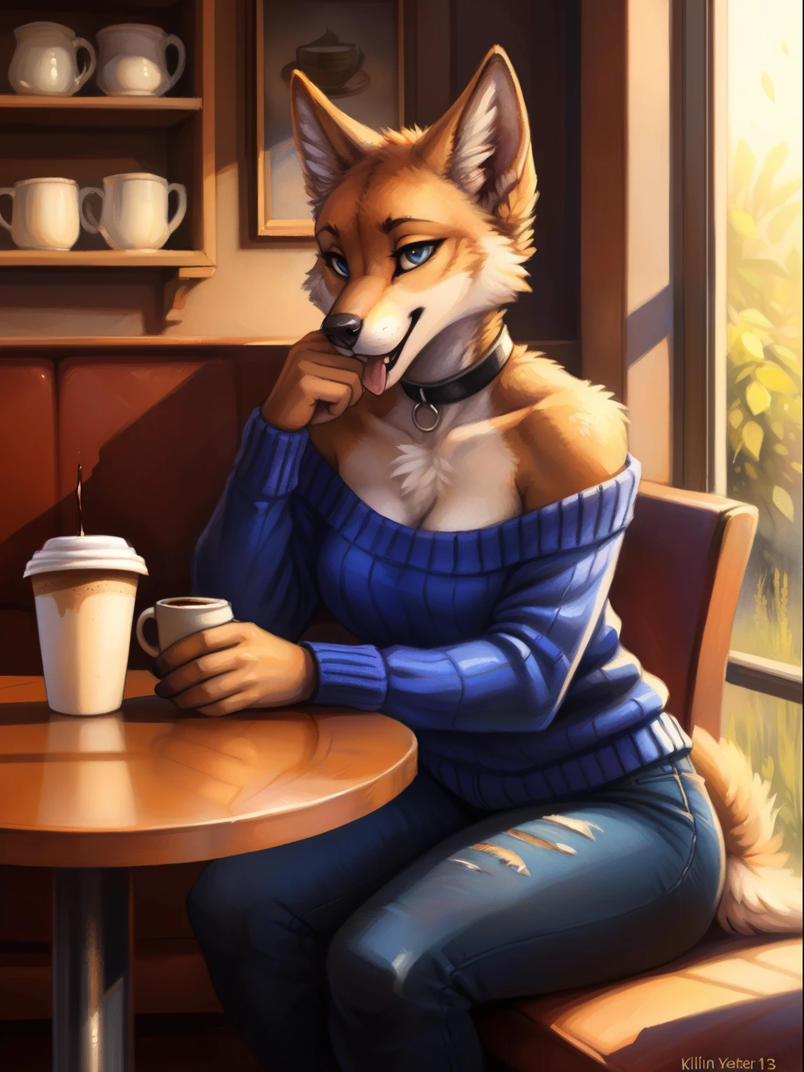 fluff-kevlar, by Zackary911, by Kenket, by Kilinah, by fluff-kevlar, (masterpiece), (best quality), (anthro furry:1.3, snout:1.2, anthro:1.3, furry:1.2, solo female:1.2), (extremely detailed:1.3), (extremely detailed eyes), (extremely detailed mouth), (muscular figure, thick figure), (wide hips), (thick thighs), black jeans, choker, wearing an off-shoulder sweater, day time, (coffee shop background), sitting in a booth, (perfect posture, king expression),