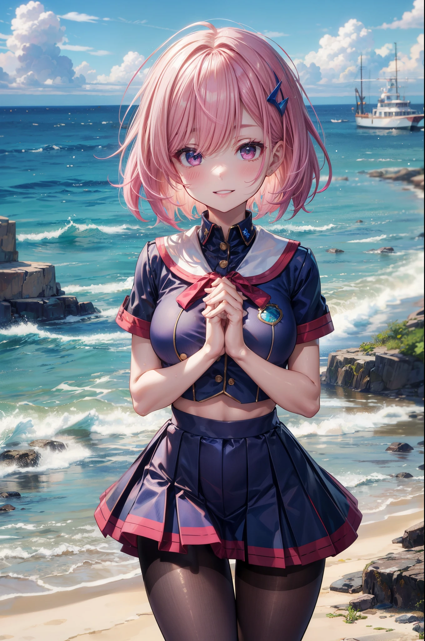 ((cropped eaton uniform)), ((short sleeve)), 4 defined fingers, 1 defined thumb, looking at viewer, solo, 1 woman, 25 years old, AI generated, highest quality, masterpiece, skindentation, perfect face, 8k , cowboy shot, short hair, (pink hair1.5), bob cut, black eye, smile, thin thighs, medium breasts, perfect limbs, sexy, (visible nipples:0.7), (camel toe:0.5), pantyhose, ((own hands together)), ((bright seaside)),