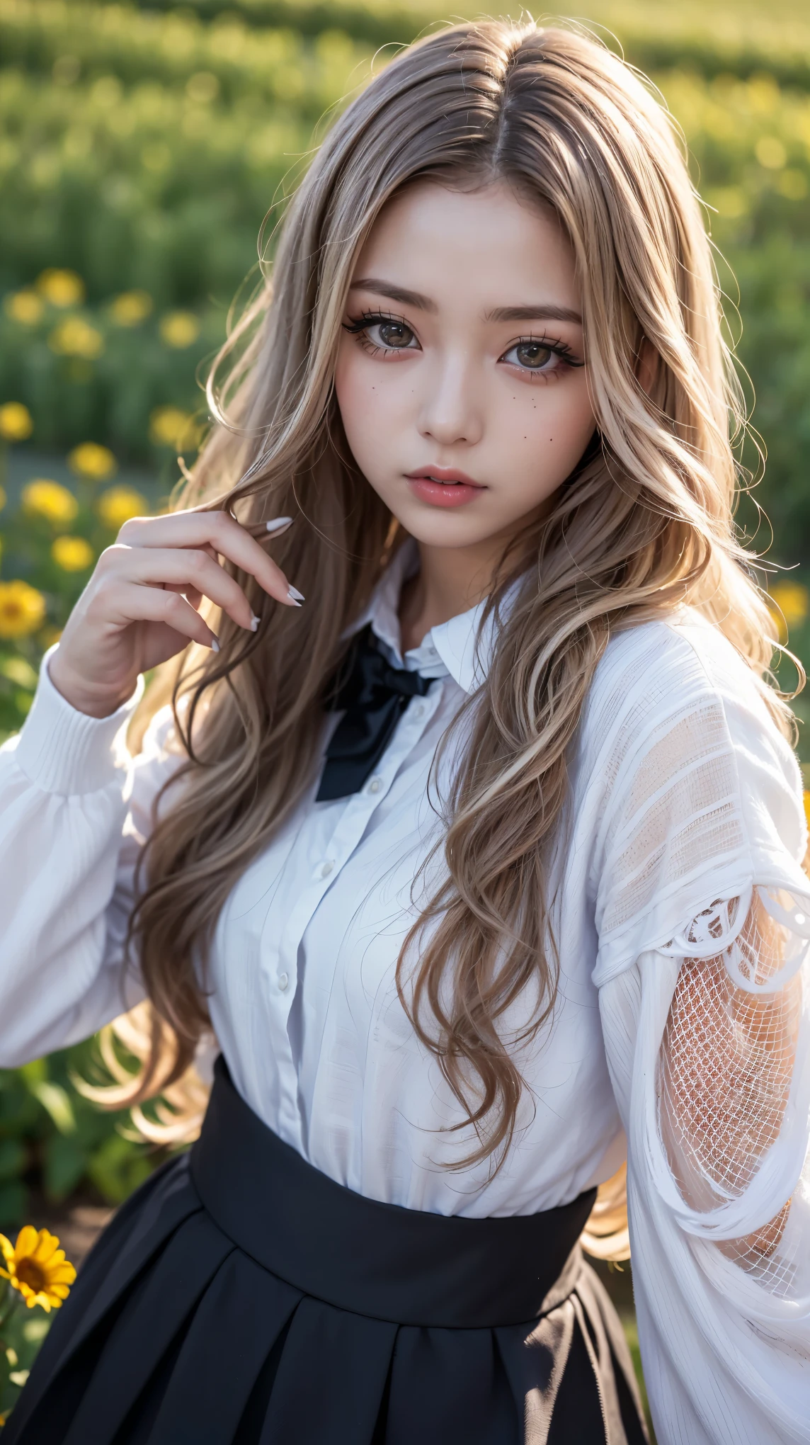 Realistic, masterpiece, highest quality, Highest Resolution, one Japanese high school girl, 16 years old, Upper body photo, Looks sleepy, Spaced out, Mouth open, Beautiful and detailed eye drawing, (droopy eyes:1.3), Dark Eyes, Thin eyebrows, Carefully draw eyelashes, Eyelash extensions, Gal Makeup, Orange teak, (White brown wavy hair with white mesh, long hair, middle part:1.3), (hidden creased eyelids:1.3), (Gothic school uniform:1.2), (The subject was photographed from above at an angle:1.3), (Flower Field:1.3), (Close up on face, Standing up and trying to grab the audience:1.5)