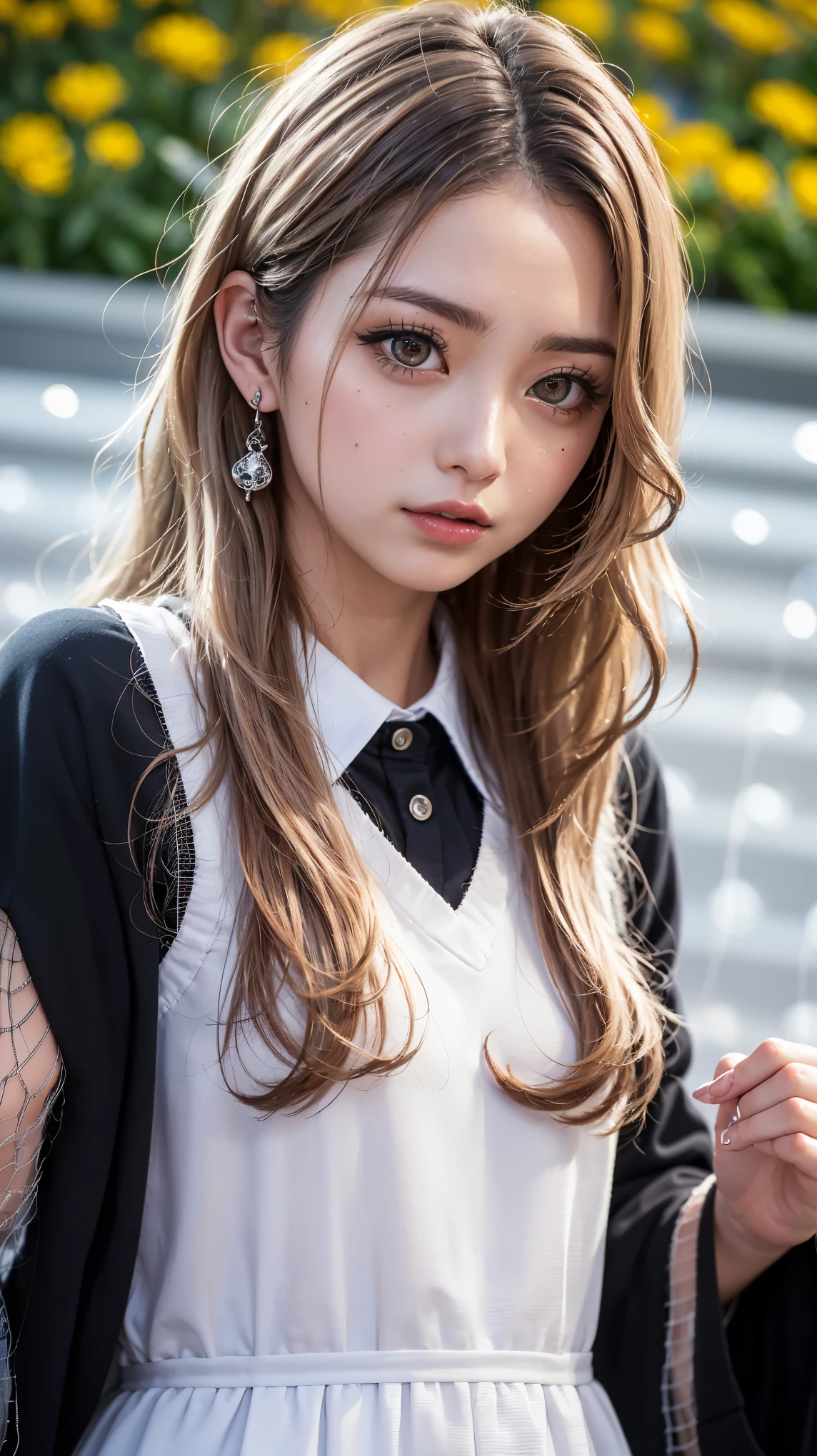 Realistic, masterpiece, highest quality, Highest Resolution, one Japanese high school girl, 16 years old, Upper body photo, Looks sleepy, Spaced out, Mouth open, Beautiful and detailed eye drawing, (droopy eyes:1.3), Dark Eyes, Thin eyebrows, Carefully draw eyelashes, Eyelash extensions, Gal Makeup, Orange teak, (White brown wavy hair with white mesh, long hair, middle part:1.3), (hidden creased eyelids:1.3), (Gothic school uniform:1.2), (The subject was photographed from above at an angle:1.3), (Flower Field:1.3), (Close up on face, Standing up and trying to grab the audience:1.5)