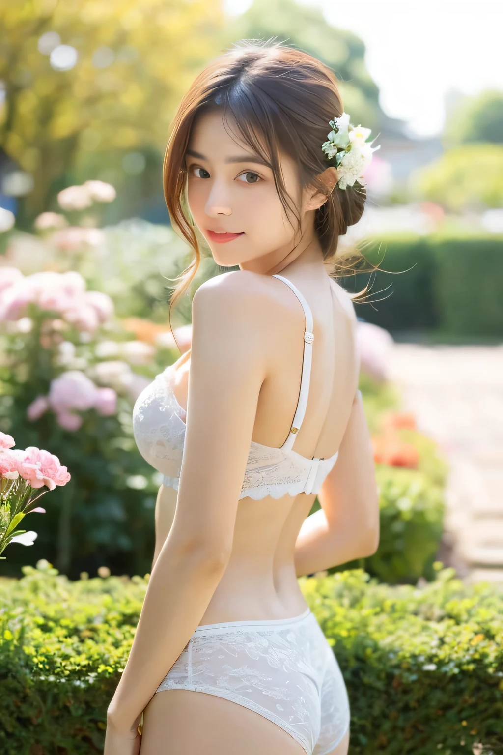 (masterpiece), best quality, expressive eyes, perfect face,open back lace panties,cleavage between breasts,cute face,beautiful face,drooping eyes,double eyelid,flower garden,mysterious,high quality,photorealistic,japanese,beautiful woman,gravure,fashionable