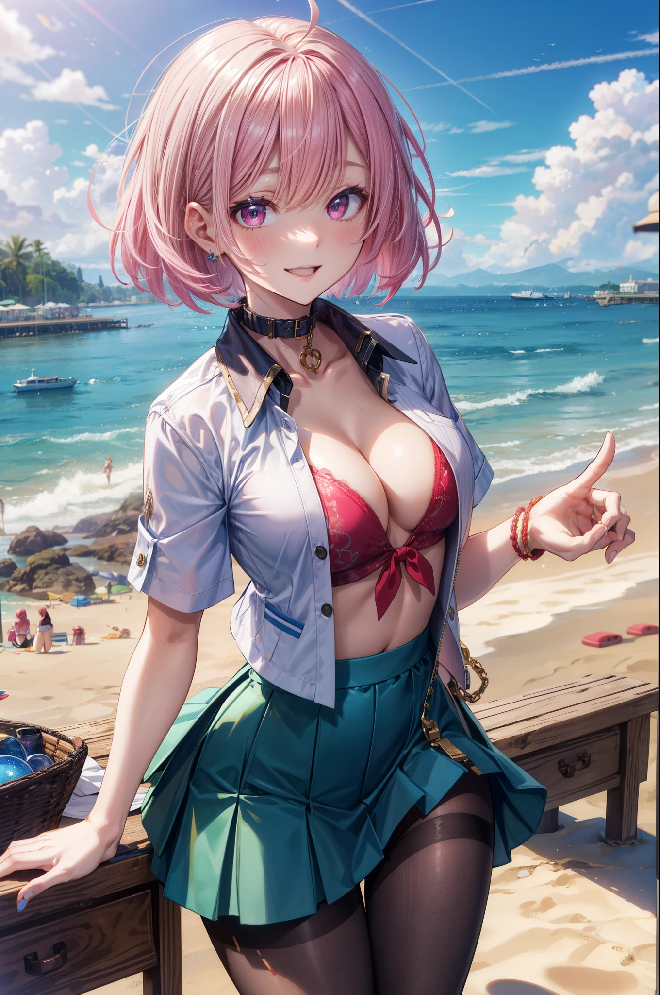 ((cropped blazer)), ((short sleeve)), ((open_clothes)), ((No_collar:1.5)), ((Tight Skirt)), 4 defined fingers, 1 defined thumb, looking at viewer, solo, 1 woman, 25 years old, AI generated, highest quality, masterpiece, skindentation, perfect face, 8k , cowboy shot, short hair, (pink hair1.5), bob cut, black eye, smile, thin thighs, medium breasts, perfect limbs, sexy, (visible nipples:0.7), (camel toe:0.5), pantyhose, (()), ((bright seaside)),