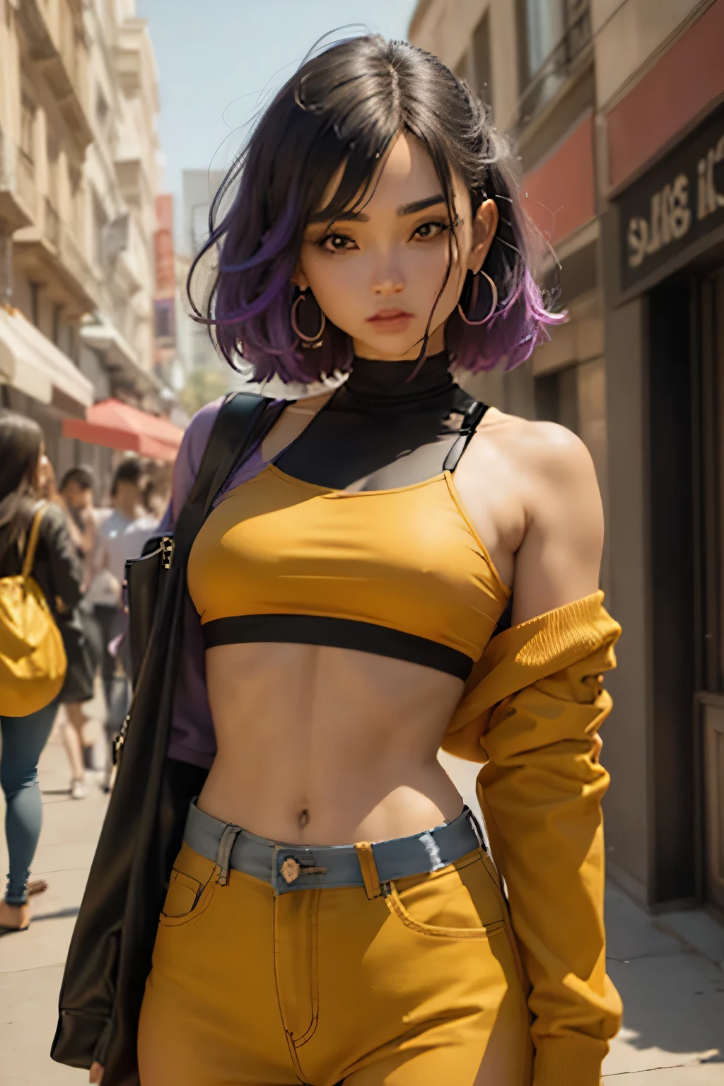 1 chicas modernas atuendos.: (mejor calidad, vivid colors, realista)
- 1 girl with a crop top corto and minifalda ajustada de cuero negro
- El fondo tiene un vibrante color rojo y amarillo
- The girls' outfits are colorful and eye-catching..