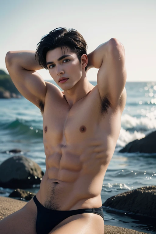 (8K, RAW photo, Highest quality), (full-body shot:1.3), (blue eyes:1.6), (18 years old:1.5), white pale skin, (prince eric from the little mermaid:1.6),(prince_eric:1.5)(short hair:1.6), (dark brown hair:1.5), (wavy hair:1.3), (ocean:1.5), (costline:1.5), Realistic, (((1 perfect :1.3))), 1 amazing , (((1 nice :1.2))), 1 beautiful , 1 great , 1 male ,, male structure,wearing thong, handsome man,frontage, Intricate details, Extremely detailed eyes and eyelashes, Muscular male, Manly, masculine, Soft lighting, Cinematic lighting, Portrait, Exposing the pectoral muscles, male model, muscular, ripped, defined body, Digital SLR, hyper qualit, Fujifilm XT3, Crystal clear, 8K UHD, High detail, Ultra photo realsisim, haar, ((Realistic skin), ((pores)), ((high detail skin)), volumettic light, groin, far, complex 3D visualization, high detail, 1 handsome young man (nsfw) looking at the viewer (Pureerosface_V 1:0.6), pure, genuine human skin , (bare chest), muscles, vivid details, hyperrealistic, beautiful background, octane rendering, best quality, masterpiece, extremely detailed, computer graphics, unity, wallpapers (realistic, photorealistic: 1.37), (((anatomically correct:1.4))), stunning, fine details, masterpiece, best quality, official art, extremely detailed CG unity 8k wallpaperull Body))), ((Correct body structure)), (((Correct dissection))), (((Depth of field:1.5))), detailed, smooth muscles, leaning against a rock on a beach, full body, muscular and slim, with shoes, a tattoo on his navel