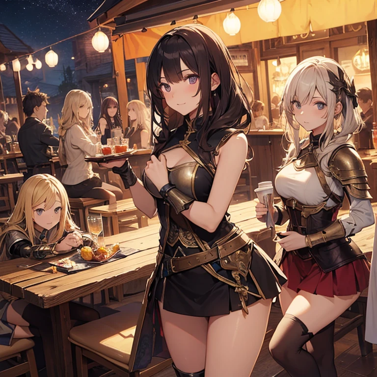 A group of  female medieval fantasy adventurers, (in tavern), various hair styles, harem, night, details face, short skirt, seducing, sleeveless, armor
