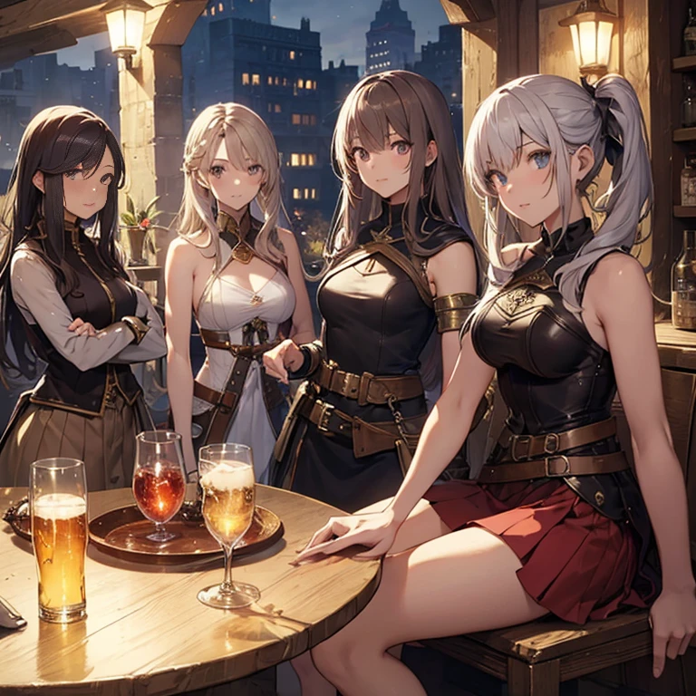 A group of  female medieval fantasy adventurers, (in tavern), various hair styles, harem, night, details face, short skirt, seducing, sleeveless, armor