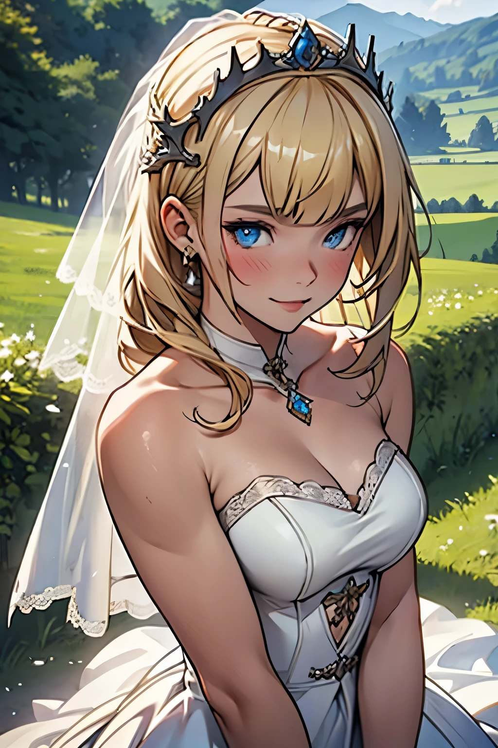 girl, ************, Wedding dress, European countryside, blonde, bangs, Pretty face, tiara,