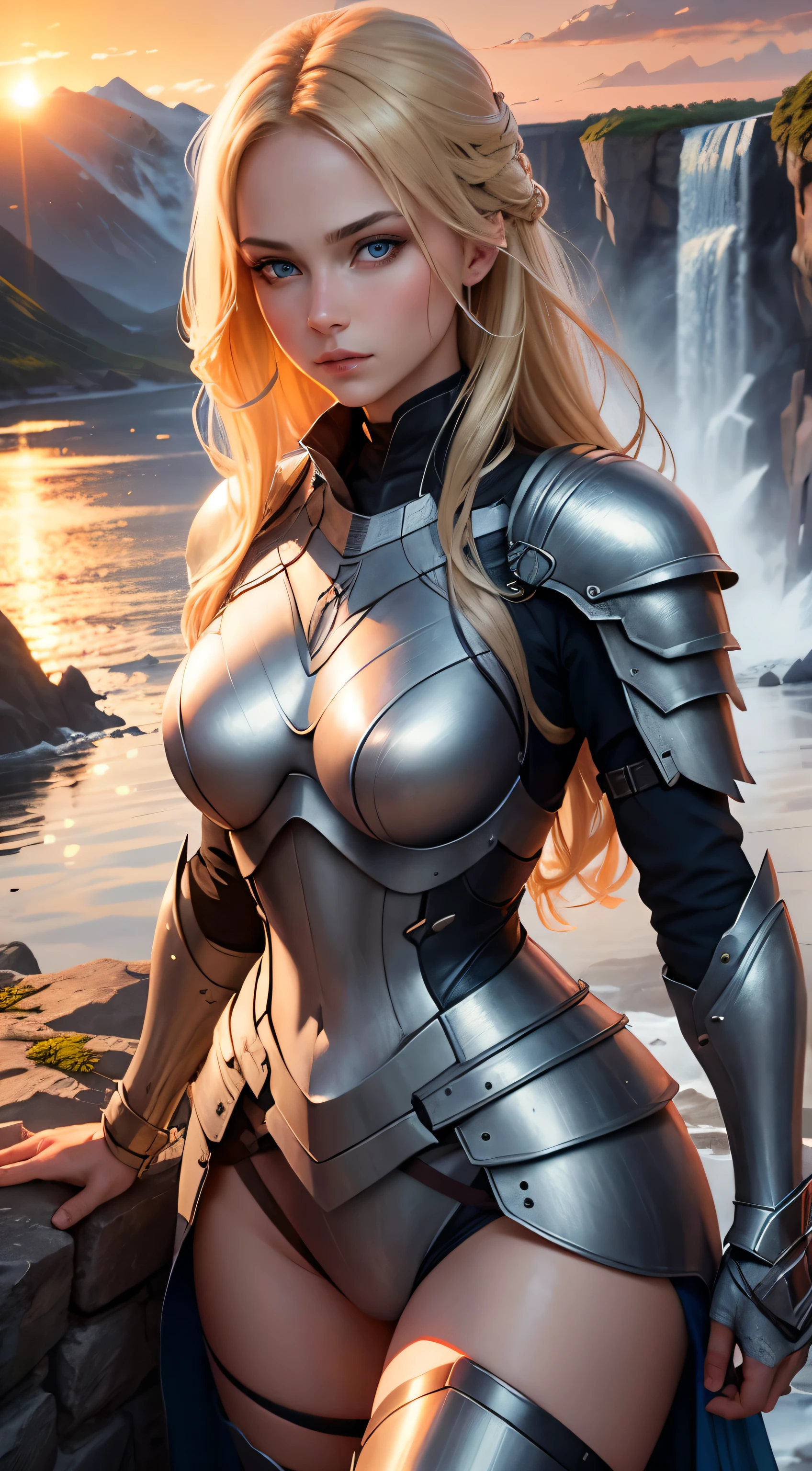 super detalhe, obra de arte, pov, mulher, guerreiro, armadura leve moderna, loiro, olhos azuis, olhar sedutor, montanha, cachoeira, sunset, soft lighting