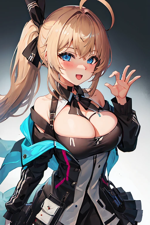best quality, masterpiece, highres, solo, {fal_girlsfrontline:1.15}, long_hair, blue_eyes, side_ponytail, breasts, bangs, ribbon, bow, ahoge, blush, large_breasts, cleavage, collarbone, blonde_hair, hair_ribbon, blue_bow, very_long_hair, brown_hair, hair_bow, hair_between_eyes, 1girl, animal, black_jacket, choker, closed_mouth, dress, ferret, jacket, looking_at_viewer, open_jacket, white_dress, long_sleeves, off_shoulder, one_eye_closed, simple_background, smile, white_background, open_clothes, bag, cowboy_shot, shiny_hair, short_dress, upper_body