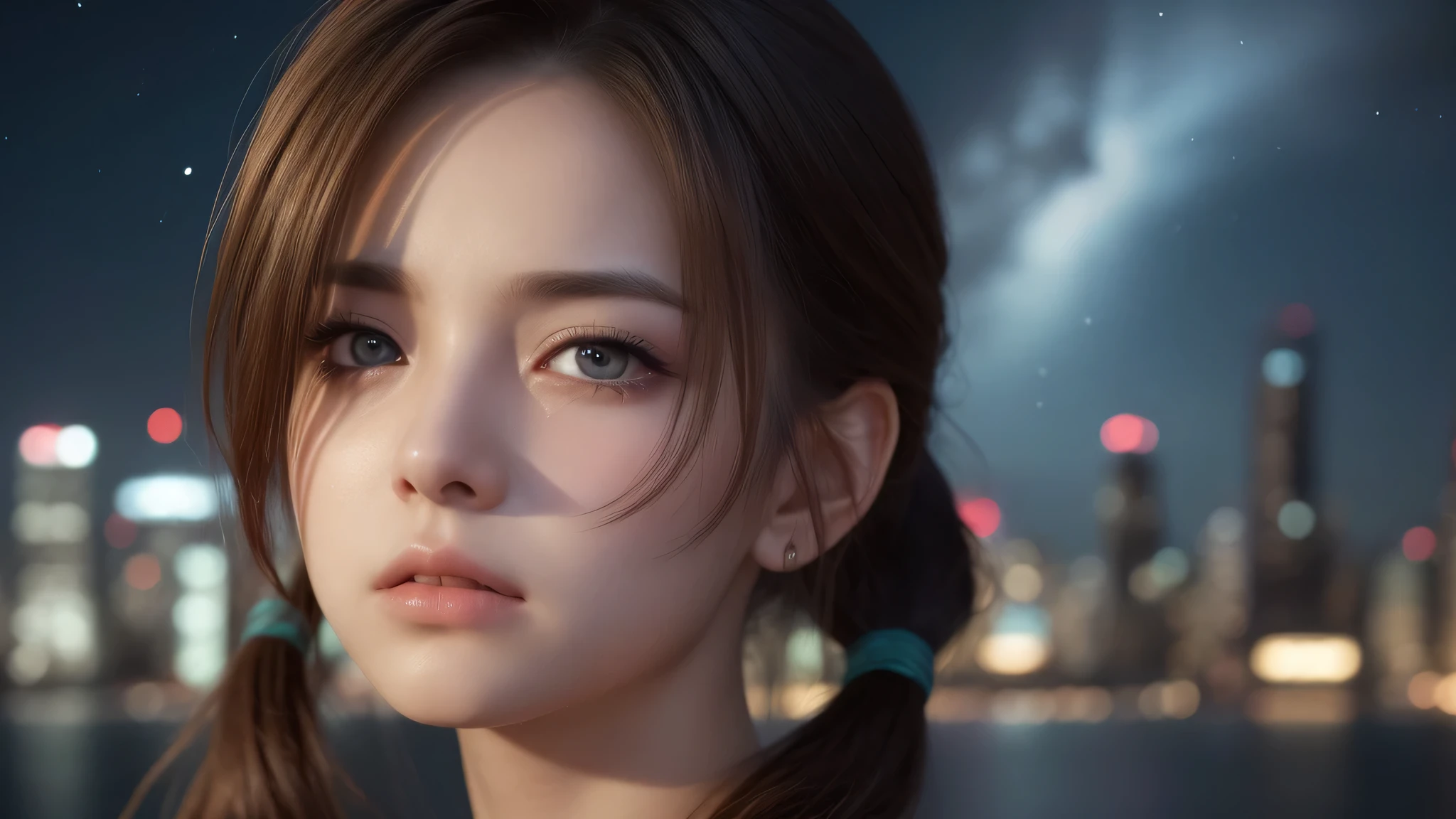 Pig tails hair, (1girl), (Best Quality:1.4), Realistic, extremely detailed CG unified 8k wallpaper, highly detailed, High-definition raw color photos, professional photography, Realistic portrait, Beautiful detailed, (Fine face:1.2), Close up portrait of girl, Outdoors, (night sky, night view, night view of skyscrapers), (expression of sadness, sad:1.2), with tears,