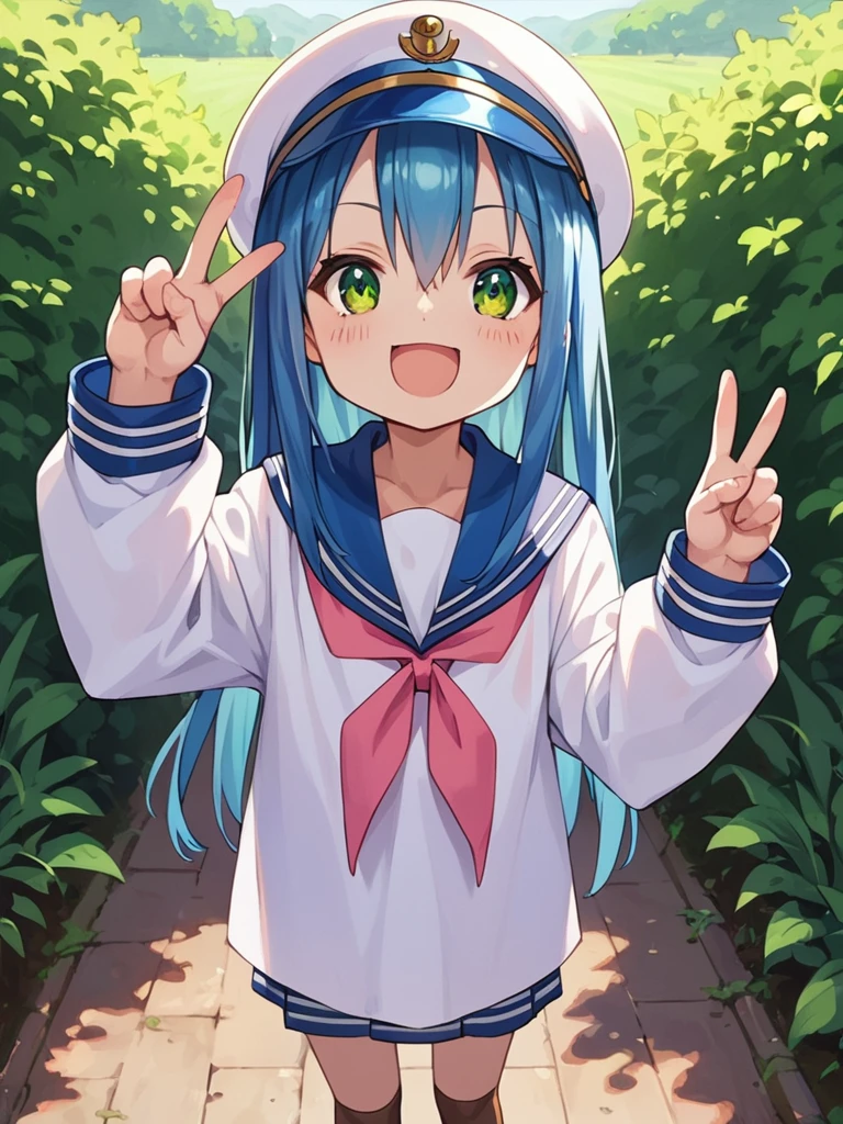 score_9, score_8_up, score_7_up, best quality, masterpiece, source_anime, photo, (natural skin, detailed skin:0.8), uncensored,
(child ,cute ,small girl:0.5), (colourful,Colouring in:1.0),skinny,
konata izumi, long hair, green eyes, blue hair, skinny,
flat chest,
1girl,outdoors, serafuku, blue miniskirt, blue sailor collar, white and blue sailor cap, shoes, brown tighhighs,smile,
dynamic pose,v,
,