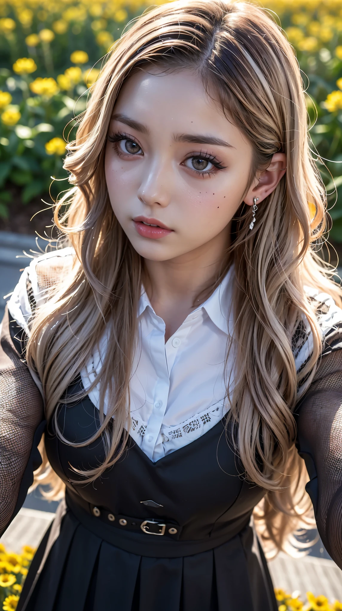 Realistic, masterpiece, highest quality, Highest Resolution, one Japanese high school girl, 16 years old, Upper body photo, Looks sleepy, Spaced out, Mouth open, Beautiful and detailed eye drawing, (droopy eyes:1.3), Dark Eyes, Thin eyebrows, Carefully draw eyelashes, Eyelash extensions, Gal Makeup, Orange teak, (White brown wavy hair with white mesh, long hair, middle part:1.3), (hidden creased eyelids:1.3), (Gothic school uniform:1.2), (The subject was photographed from above at an angle:1.3), (Flower Field:1.3), (Close up on face, Standing up and trying to grab the audience:1.5)