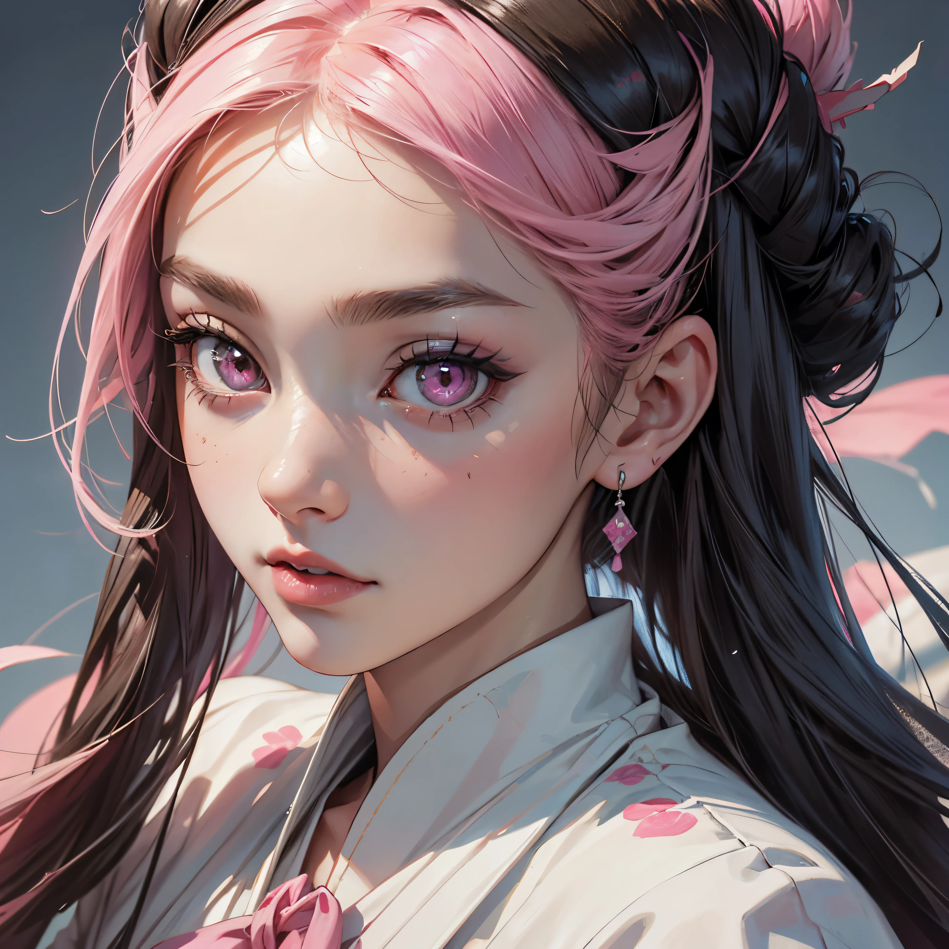 portrait,close up woman,（best qualtiy，tmasterpiece），1girl，nice poses, The upper part of the body，clothes, beautiful detail eyes,  colorful light,, Yamikawa Punk, jirai kei, (jirai kei fashion:1.1), detailed face, pink eyes, white Blouse, fine details on face,fashion clothes