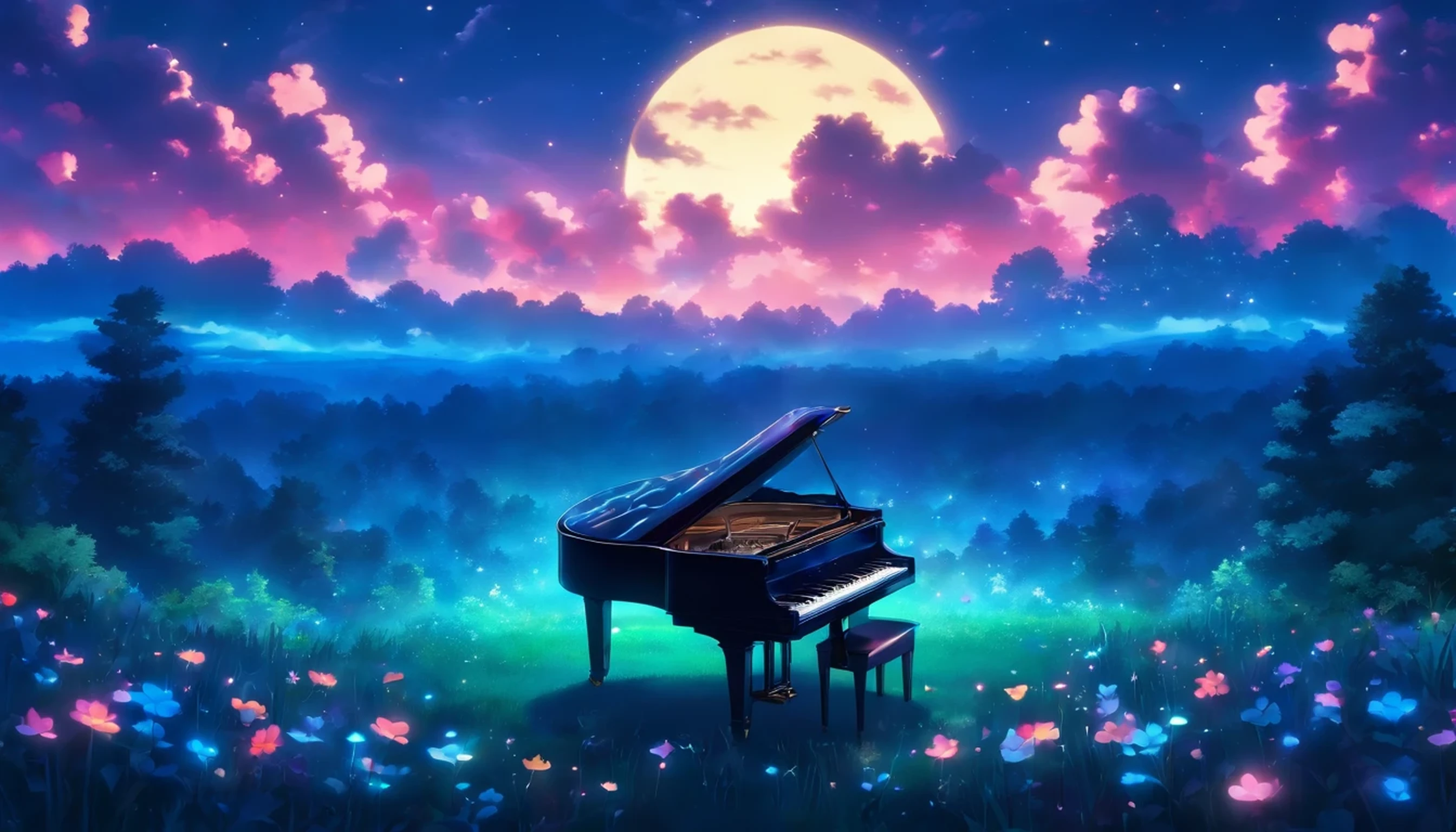 A grand piano in a forest flower field during blue hour with magnificent clouds and moonlight.