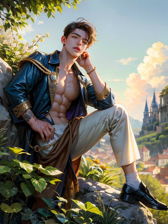 (absurdres, highres, ultra detailed, HDR), masterpiece, best quality, Hufflepuff male, A young man with plant, portrait of a boy, handsome boy elazul, jumi race, detailed face, in a legend of mana town, domina, gardener, handsome adventurer, professional photo, rpg style man detailed torso, leaning on a rock, (puffy(from below:1.1)), eyes on viewer,young boy 18 years old, handsome boy, detailed background, Brown hair, middle hair part hairstyle, soft handsome boy feature. garden background, naked and wearing Thing, muscular and slim, sexy with sunglasses, full body nakes