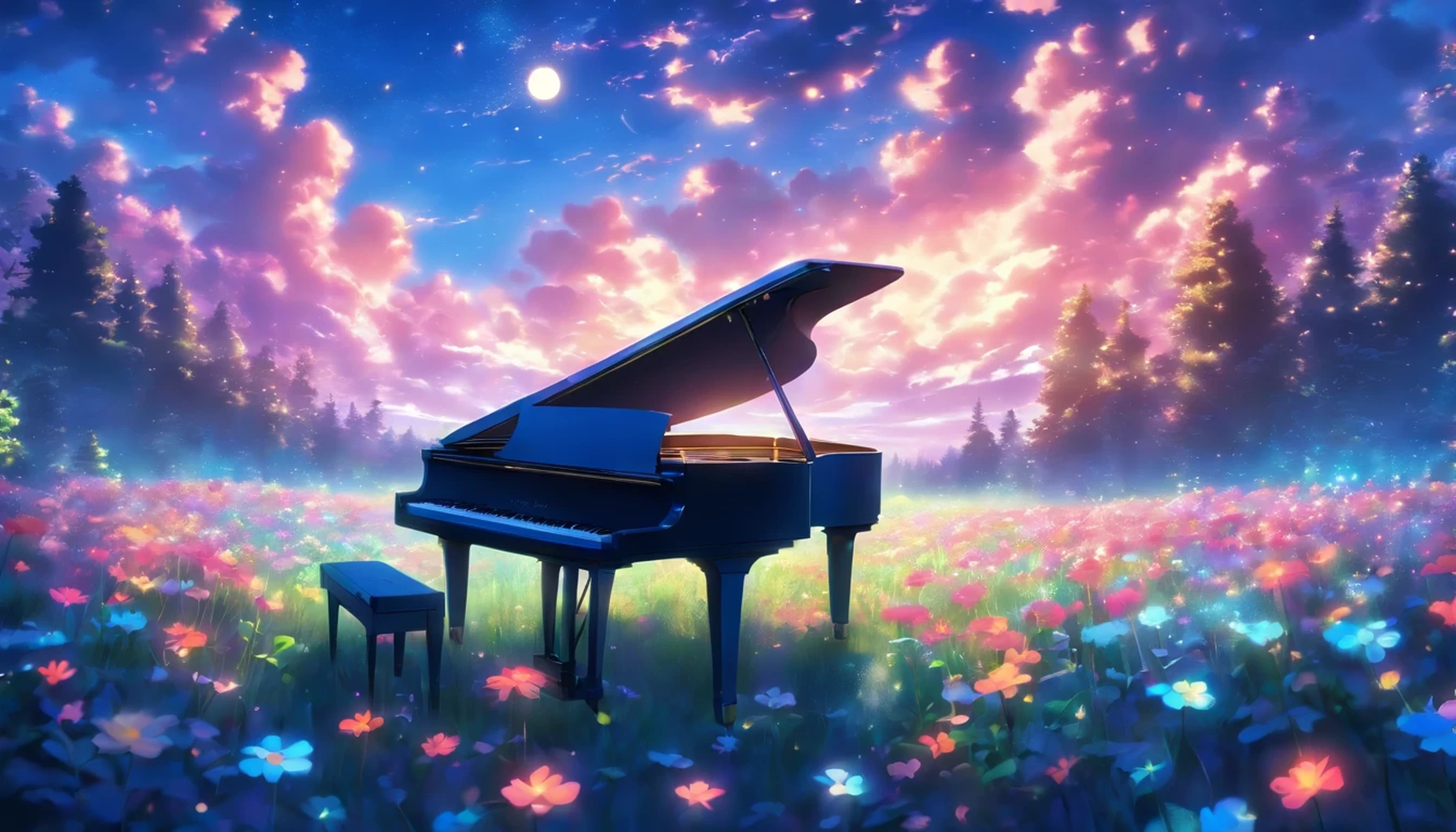 A grand piano in a forest flower field during blue hour with magnificent clouds and moonlight.