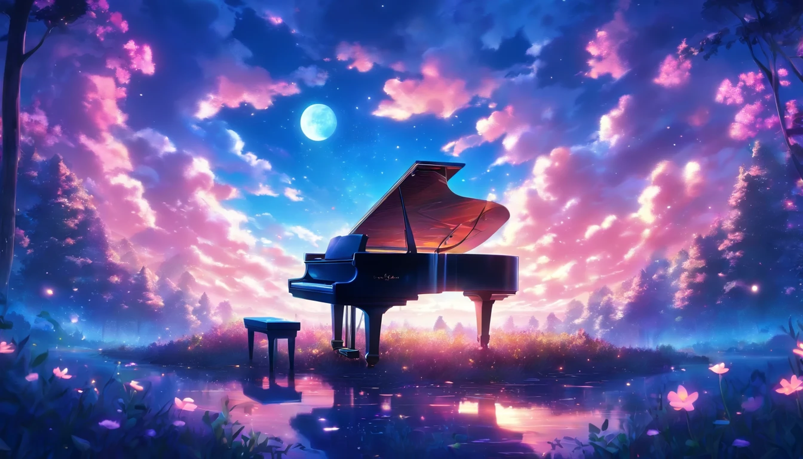 A grand piano in a forest flower field during blue hour with magnificent clouds and moonlight.