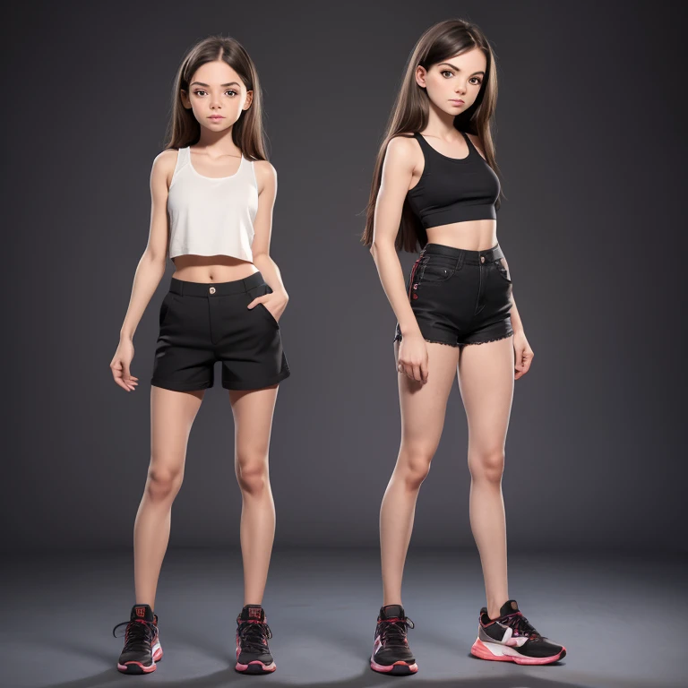 Beautiful girl 16 years long hair full body standing wearing black shorts and cropped tank top standing pose