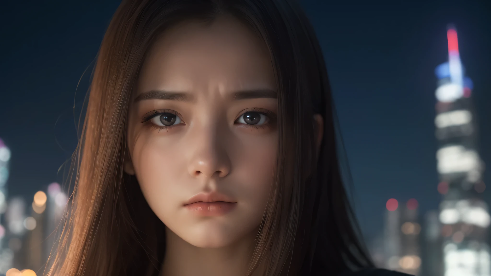 (1girl), (Best Quality:1.4), Realistic, extremely detailed CG unified 8k wallpaper, highly detailed, High-definition raw color photos, professional photography, Realistic portrait, Beautiful detailed, (Fine face:1.2), Close up portrait of girl, Outdoors, (night sky, night view, night view of skyscrapers), (expression of sadness, sad:1.2),