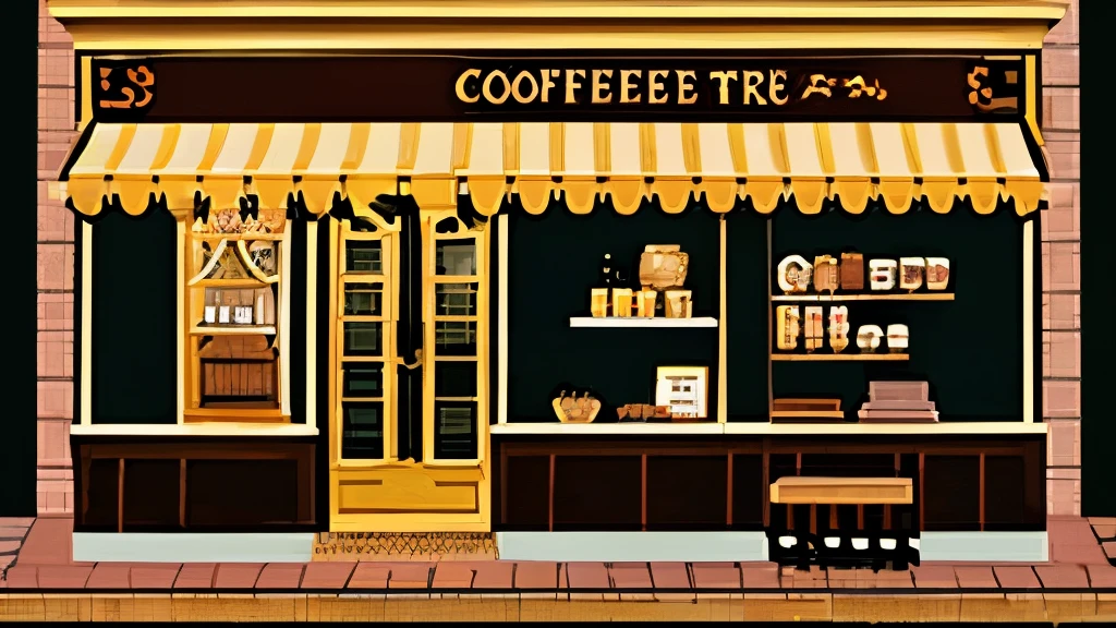 coffee shop, Half facing left,style of alena aenami, Pixel art, Baroque, 受賞歴のあるover the counterデザイン, Warm street lamp shop front, over the counter, coffee shop, Late 2010s, Half facing left,here are many benches outside of coffee shop