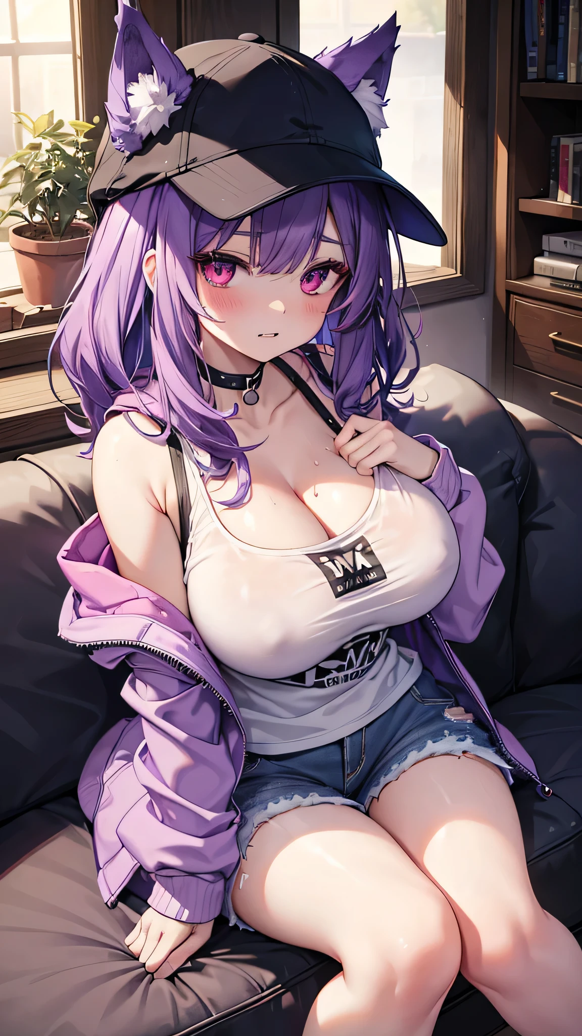 Wolf Woman, Big Breasts, Voluminous purple hair, One girl, masterpiece , Red eyes、Double teeth、tooth、Blushed cheeks、 hd, Head to Chest, buried in my chest、Underbust、Cleavage、hoodie、Shorts、Sweat in the valley、Tank top、On the sofa、Newsboy hat、Wolf ears growing from the hat
