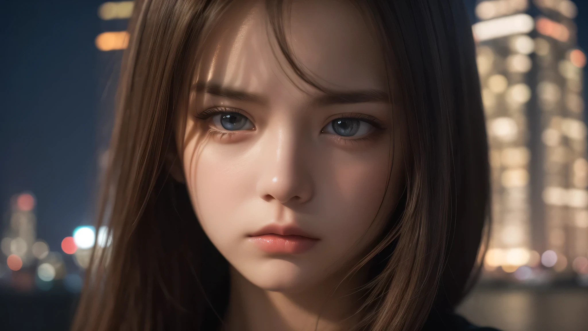 (1girl), (Best Quality:1.4), Realistic, extremely detailed CG unified 8k wallpaper, highly detailed, High-definition raw color photos, professional photography, Realistic portrait, Beautiful detailed, (Fine face:1.2), Close up portrait of girl, Outdoors, (night sky, night view, night view of skyscrapers), (expression of sadness, sad:1.2),