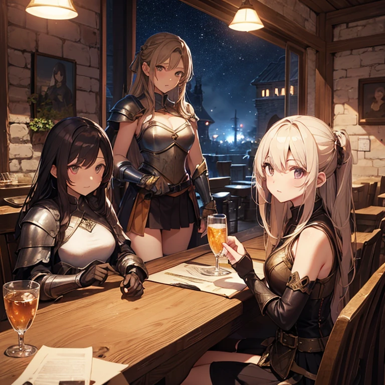 A group of female medieval fantasy adventurers, (in tavern), various hair styles, harem, night, details face, short skirt, seducing, sleeveless, armor