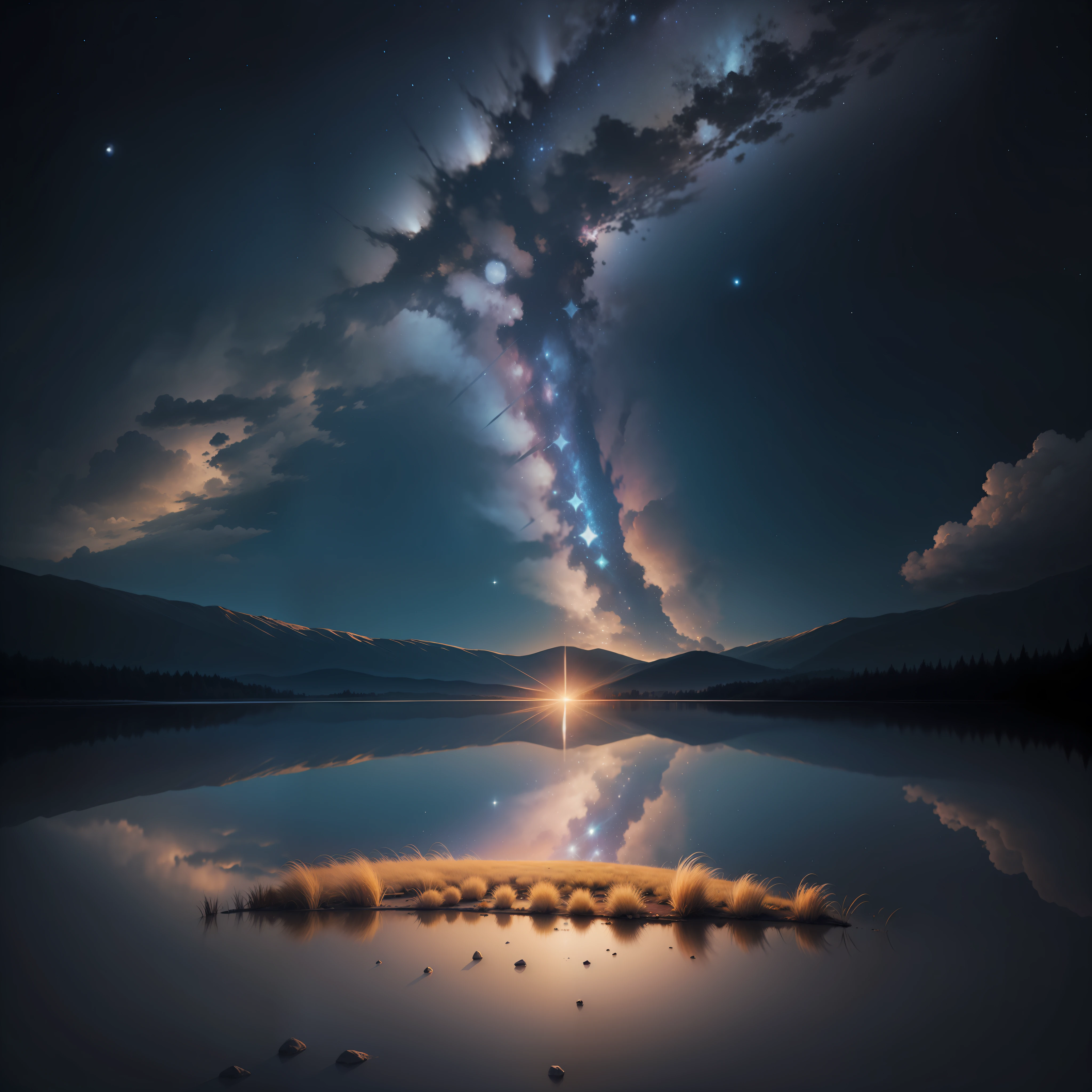 Imagine a starry night sky over a tranquil landscape. Create an image that conveys serenity