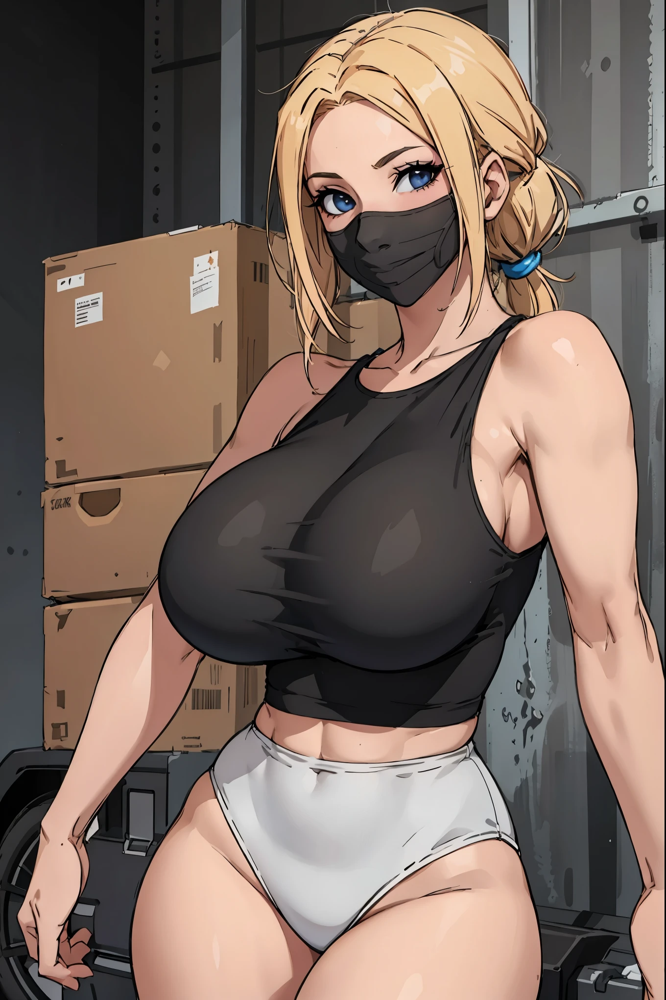 (Surreal), (Illustration), (High resolution), (in 8K), (Extreme Detail), (Best Illustration), (beautiful detail), (Best Quality), (masuter piece), (Wallpaper), ( Detailed face),a blond、poneyTail、Her bangs are parted and her forehead is visible..、jillvalentine、Black tank top、Cargo pantilitary equipment、cowboy shot、Realistic fantasy rendering, Realistic anime girl rendering, (Big Breast: 1.4) popular in CGSTATION, 4K、highlight in eyes、(Background with、garage)