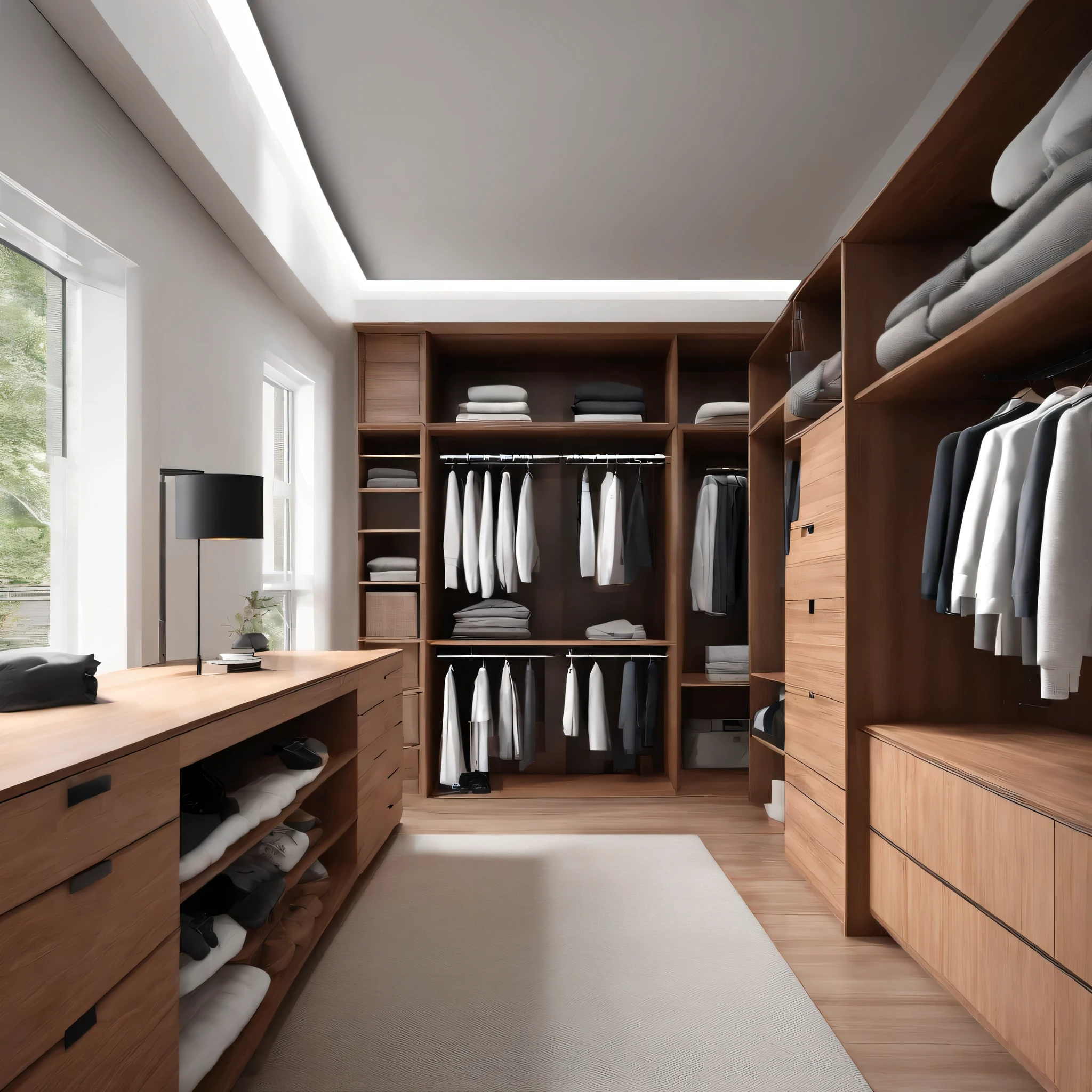 Modern walk in closet, wooden furniture, realista