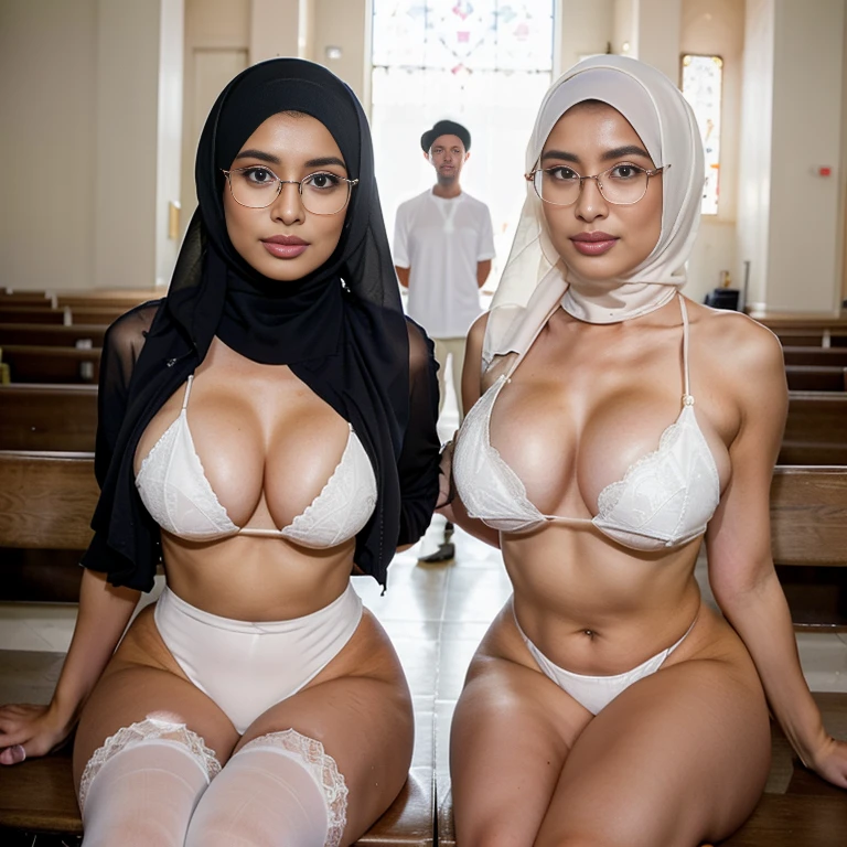 (portrait), In an empty church setting, two sexually attractive hourglass figure depraved (hijabi) (Muslim) MILF sit side by side on a bench, radiating lust and sexual desirer. They share the same height and body proportions, creating a visually stunning image of unity and strength.
Both ladies wear white (black lace hijabs), beautifully wrapped around their heads, framing their faces and accentuating their sensuality.
Complementing their (hijabs), both ladies wear (white stockings) (daring string bikinis) that add a subtle hint of allure to their ensemble. The stockings enhance their sensual and lust-satisfying posture, further highlighting their hourglass figures.
Their makeup is flawlessly applied, with striking red lips, voluminous mascara, captivating eye shadow, precise eyeliner, and luxurious lashes. These elements enhance their already mesmerizing features, drawing attention to their expressive eyes.
As they sit close to each other on the bench, they exude a sense of unity and sisterhood. Their presence showcases the beauty and strength of hijabi Muslim women, empowering others to embrace their identities and celebrate their unique beauty.
both is looking at viewer, skin texture, ultra high res, RAW, instagram LUT, masterpiece, best quality, ultra-detailed, ultra high resolution, RAW, 4k, (looking at viewer), extremely detailed eyes and face, ((beautiful detailed nose)), ((beautiful detailed thigh)), ((beautiful detailed eyes)), perfect body proportion, (looking at the camera), seductive face, cheerful, happy, (SFW:1.5), (glasses)